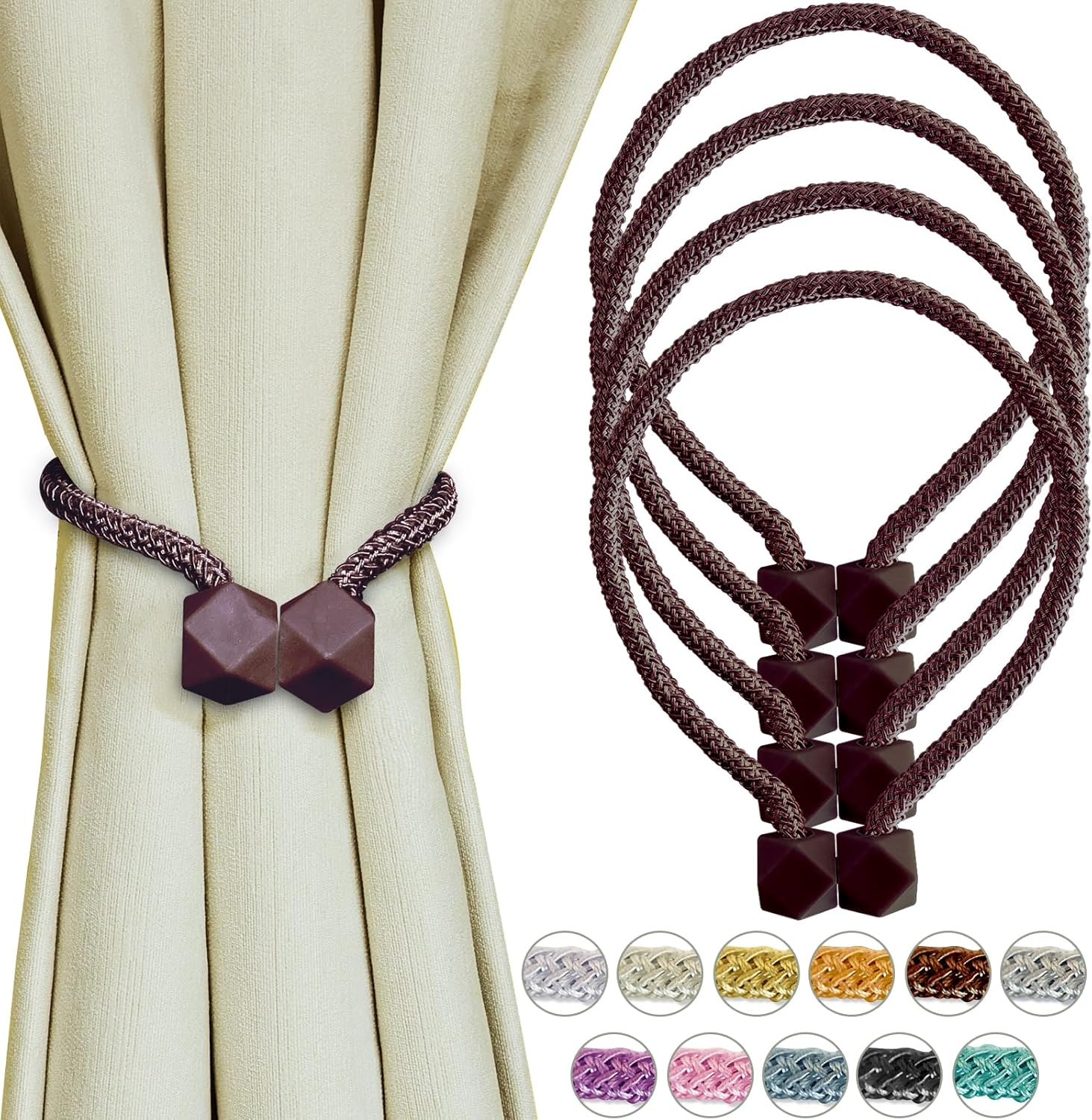 Black Magnetic Curtain Tiebacks 4 Pack Curtains Tie Backs Holdbacks Holders for Drapes Ties Magnets Buckles Clips No Drill Modern Bedroom Decor Window Treatment