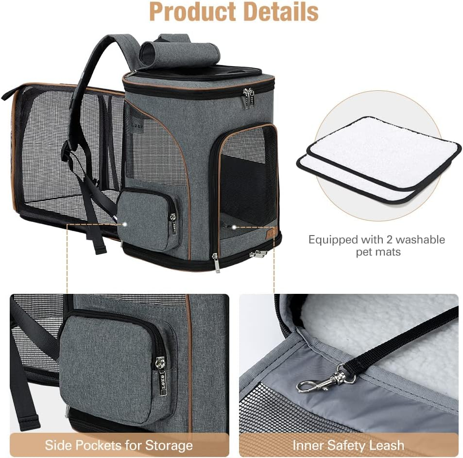 Lekesky Expandable Cat Backpack, Dog Backpack for Cats and Small Dogs, Foldable Pet Backpack with Internal Safety Line and 2 Pet Mats, Grey image number 6