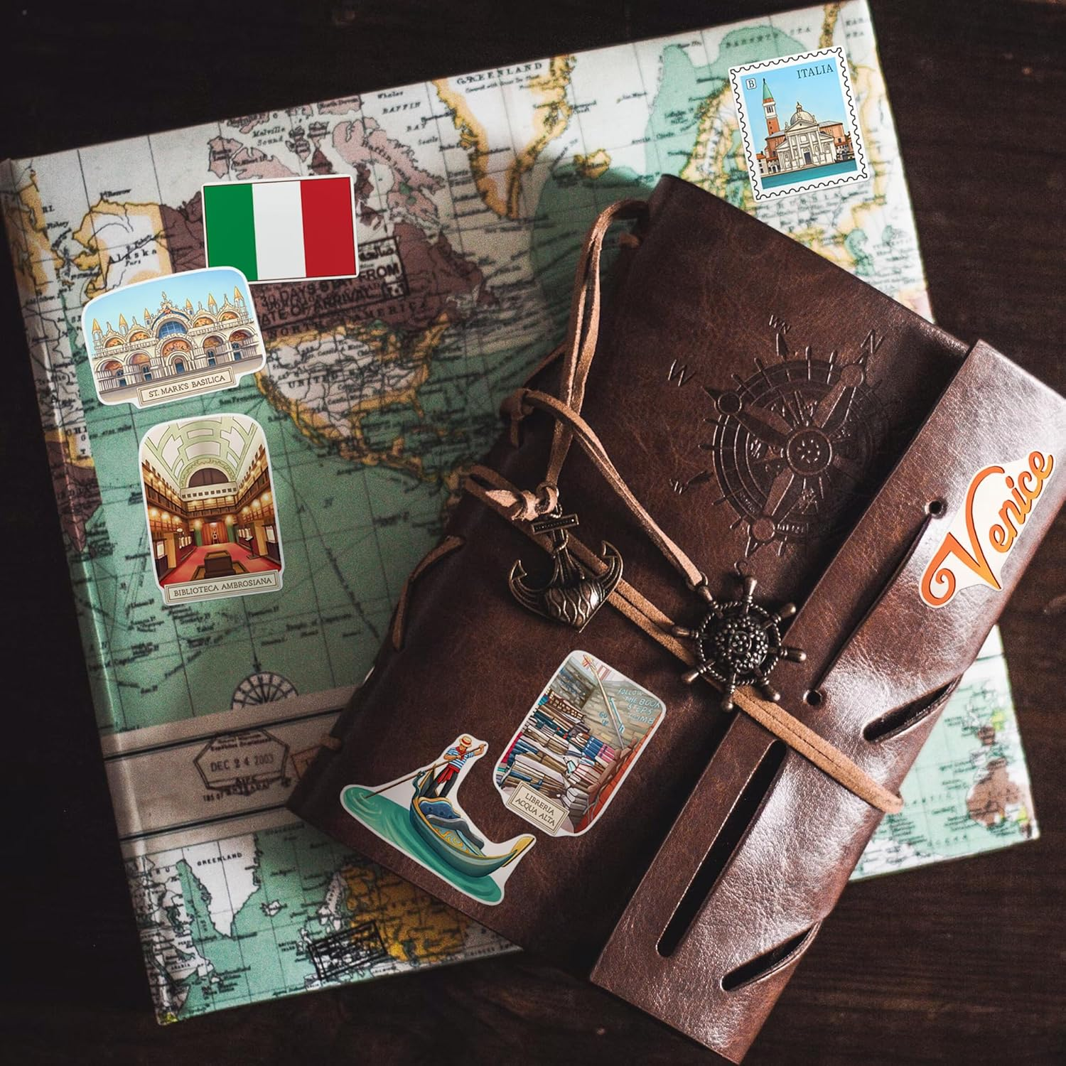 Navy Peony Northern Italy Travel Stickers (28Pcs) - Gouache Style, Waterproof, Milan Venice-Themed Vacation Decals for Scrapbooks, Waterbottle image number 3