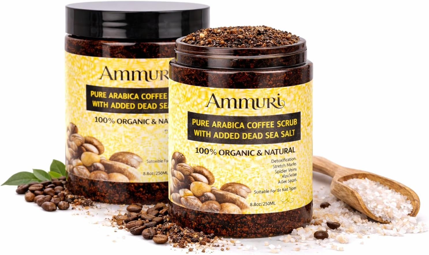 Pure Coffee Arabica Anti-Cellulite Exfoliating Dead Sea Salt Scrub for Face Body Legs & Foot Best Hydrating Stretch Marks Wrinkles Varicose Veins Treatment Boosts Circulation for Men & Women image number 3