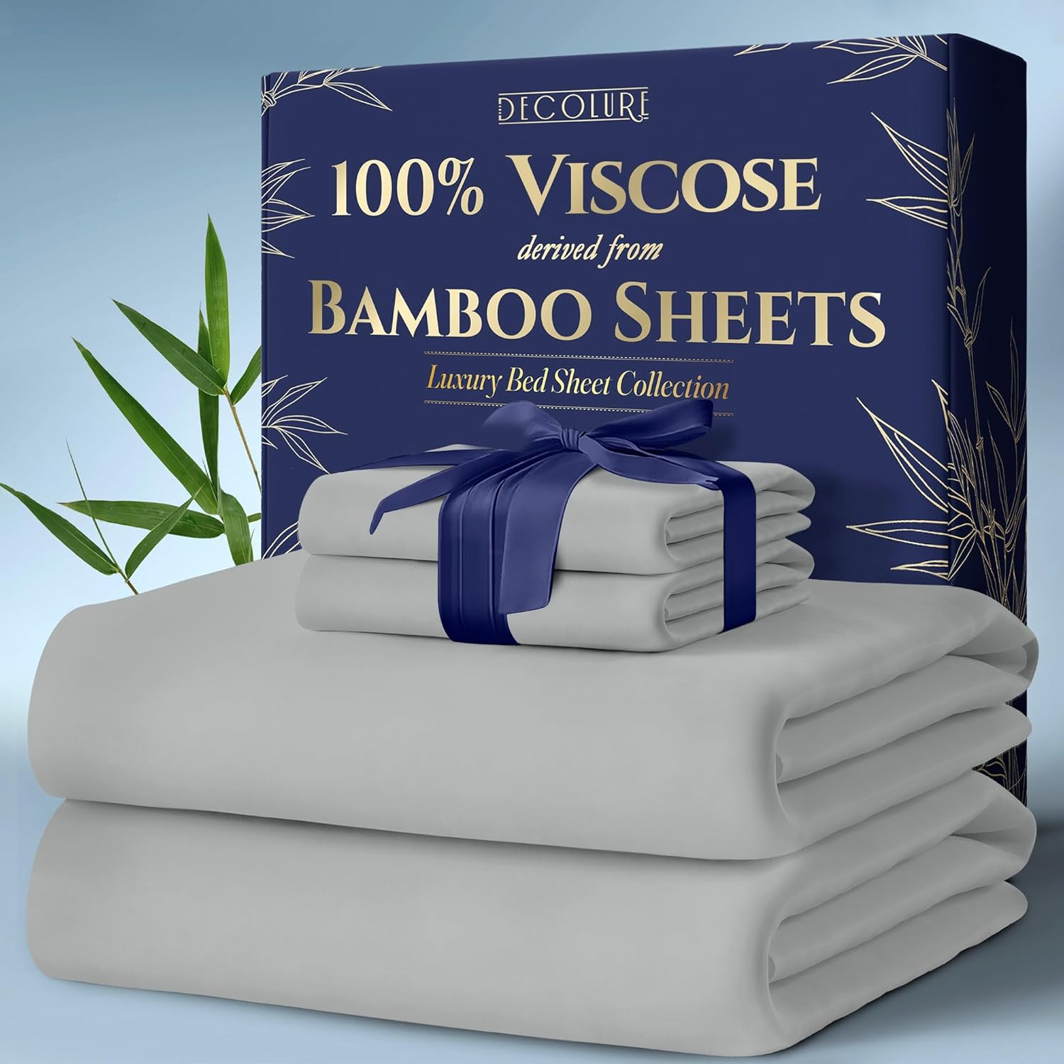 DECOLURE 100% Organic Viscose Derived from Bamboo Sheets King Size 4Pcs - Ultra Soft & Luxuriously Cooling, 17" Deep Pocket, Double Stitching, Perfect for Hot Sleepers - King Bed Sheets (Light Grey) image number 2