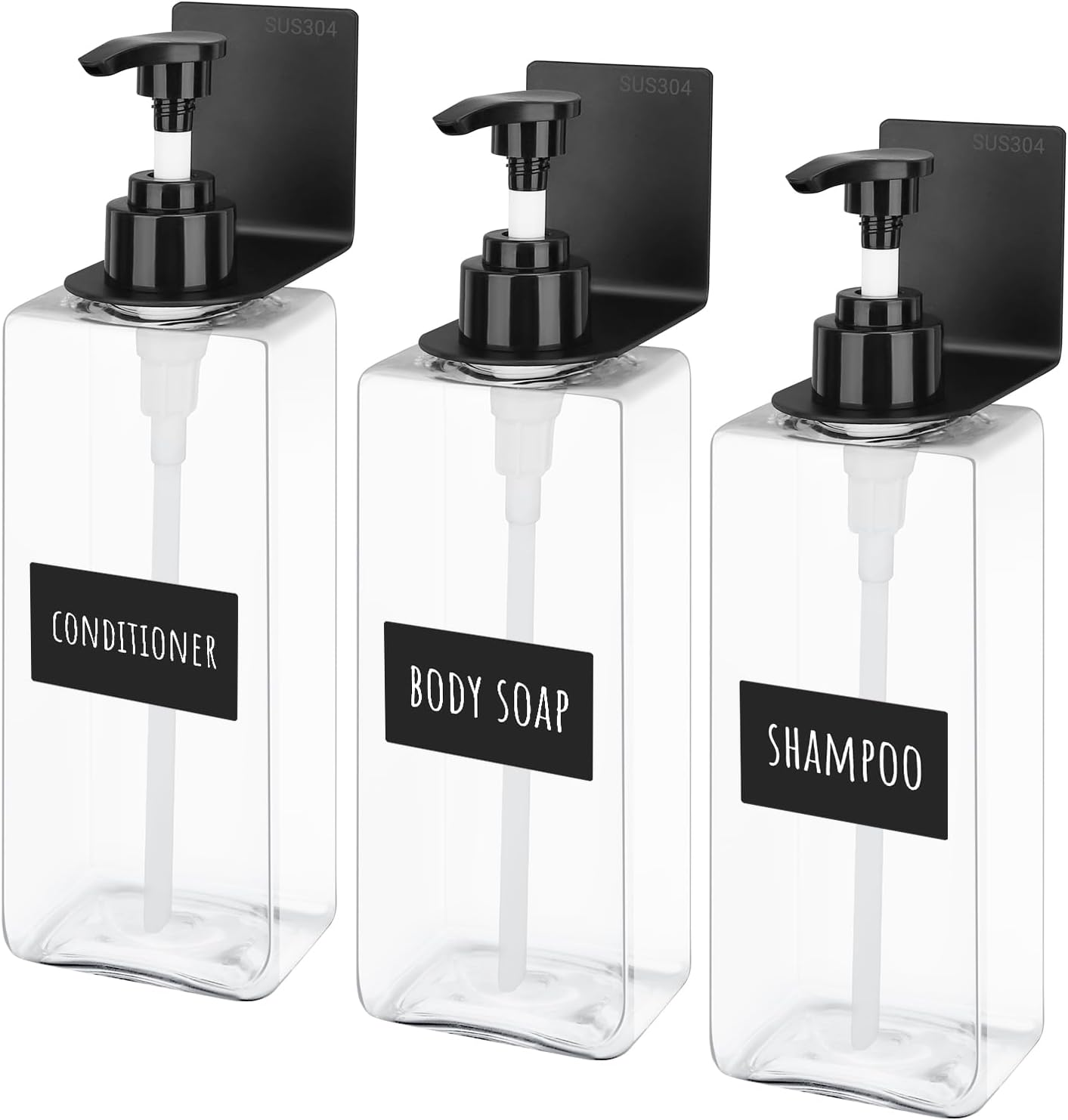 Segbeauty Wall Mounted Soap Dispenser, 3Pcs 500Ml Hand Soap Dispenser, Empty Shower Bottles, No Drilling Pump Dispenser with Labels, for Kitchen and Bathroom (Black)