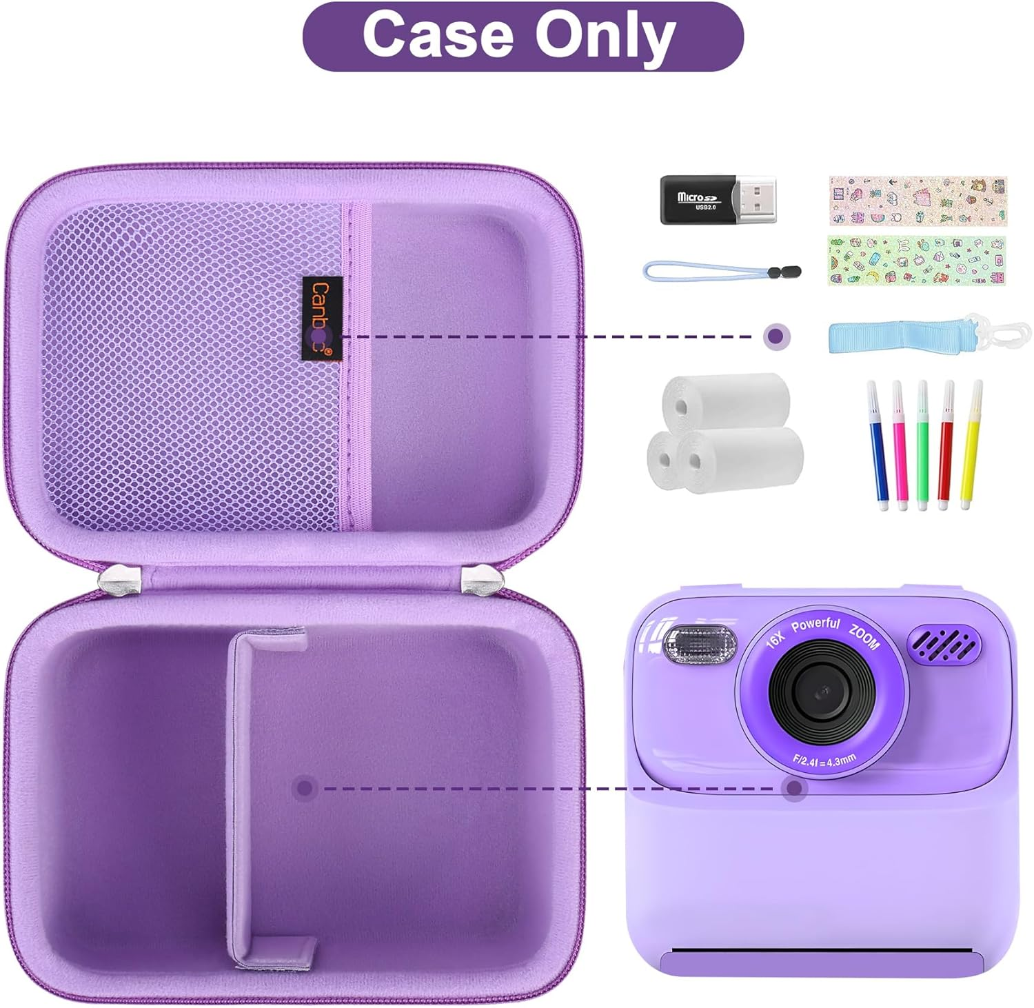 Canboc Kids Camera Case for Mgaolo/Omebel/Zoney/Weefun/Phnixgam/Seckton Instant Print Camera, Children Digital Camera Bag Fit Print Paper, Colorful Pen, USB Cable, Purple (Case Only) image number 1