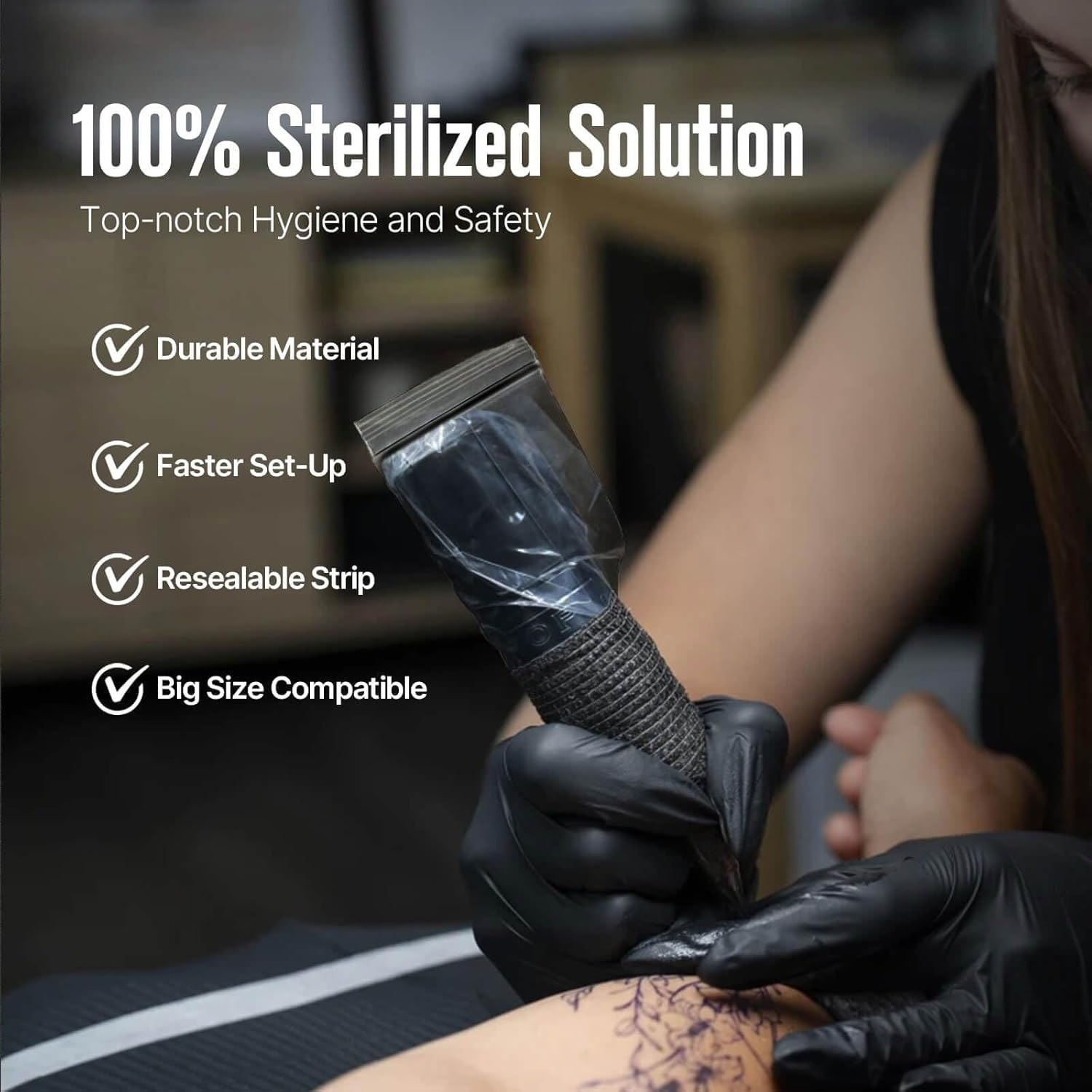 SILVERHORSE 300Pcs Tattoo Machine Covers - Black, 2.4&times;8 Inch, Universal Size, Waterproof, Adult - Black (2.4&times;8 Inch) image number 4