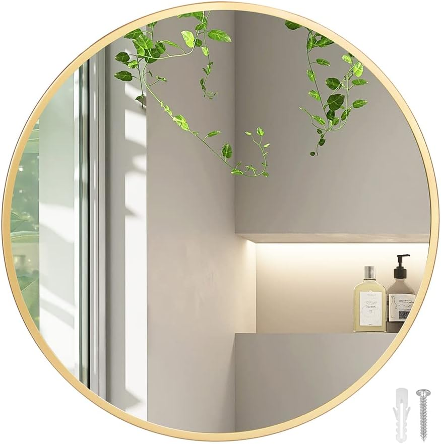 Yezi Home round Wall Mirror Vanity Bedroom Hanging Decor for Bathroom Makeup Shower Room Gold Metal Framed 50CM Dia