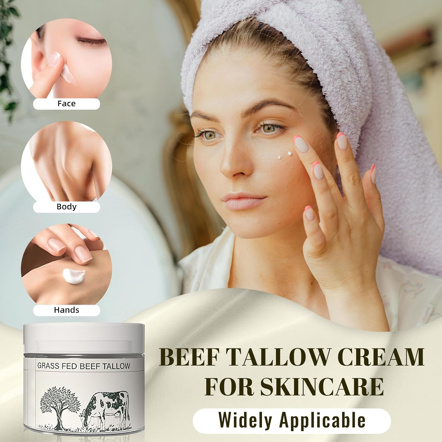Beef Tallow for Skin, Grass Fed Beef Tallow Grass Finished Organic Tallow Face Moisturizer, Beef Tallow, Beef Tallow Balm Whipped Tallow Face Cream Moisturizer for Body Lotion Skin Care (1.7OZ) image number 4