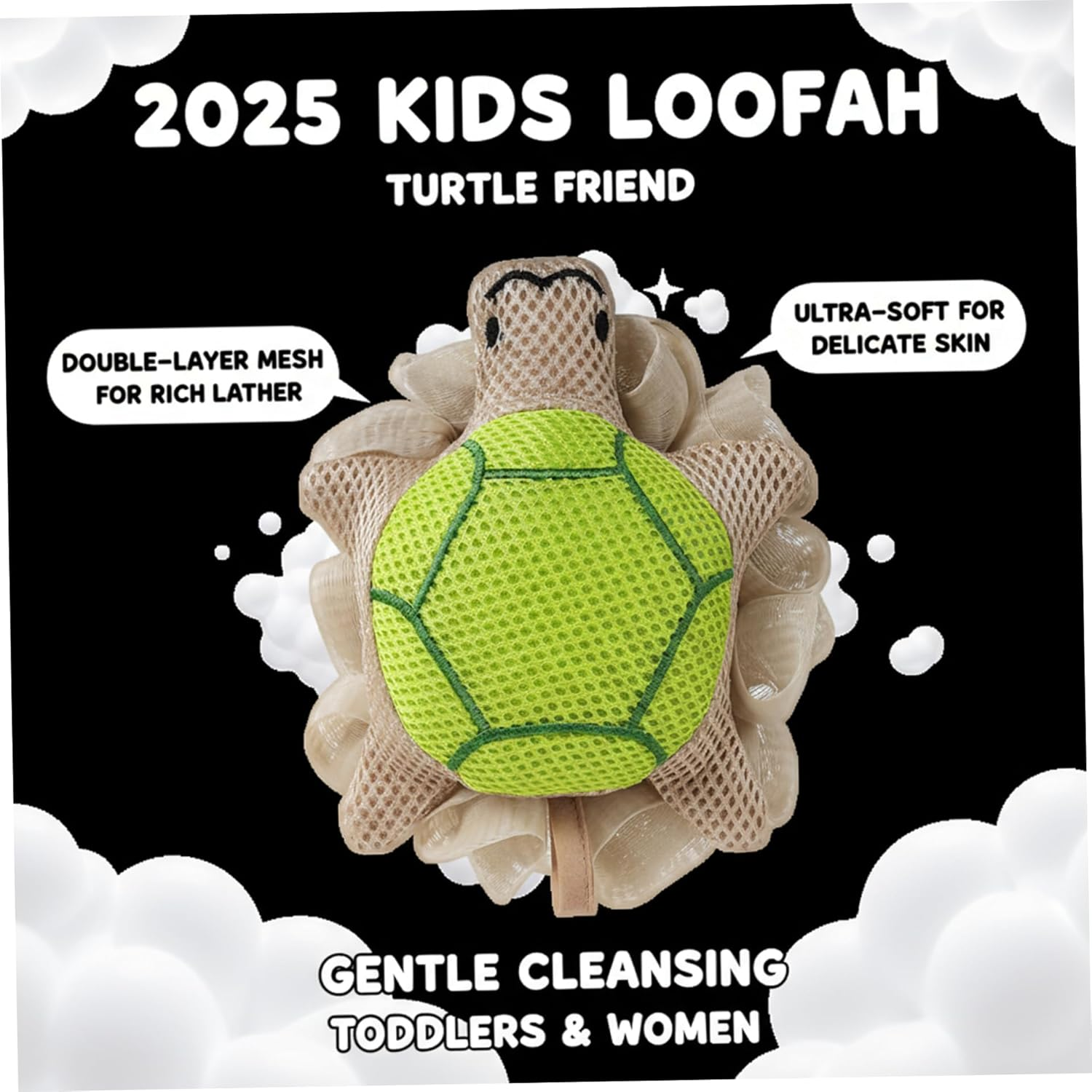 Kids Loofah for Baby Bath Sponge Extra Large Double-Layer Mesh for Rich Lather & Gentle Exfoliating Cute Shower Scrubber for Toddler Girls & Women - Green image number 6