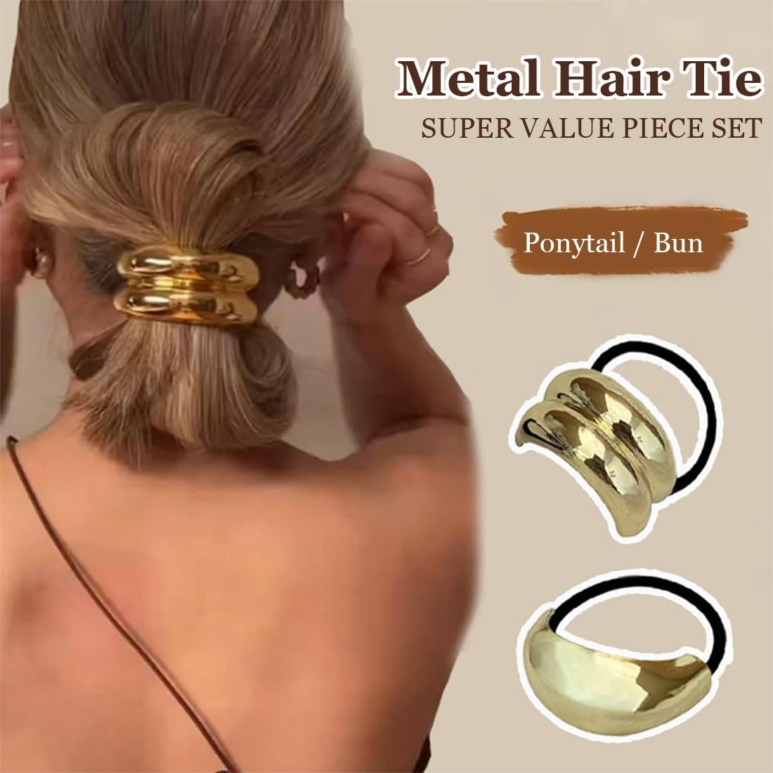 Pack of 6 Hair Accessories Gold, Metal Hair Cuffs, Elastic, Hair Clip Gold for Ponytail, Hair Accessory for Women and Girls