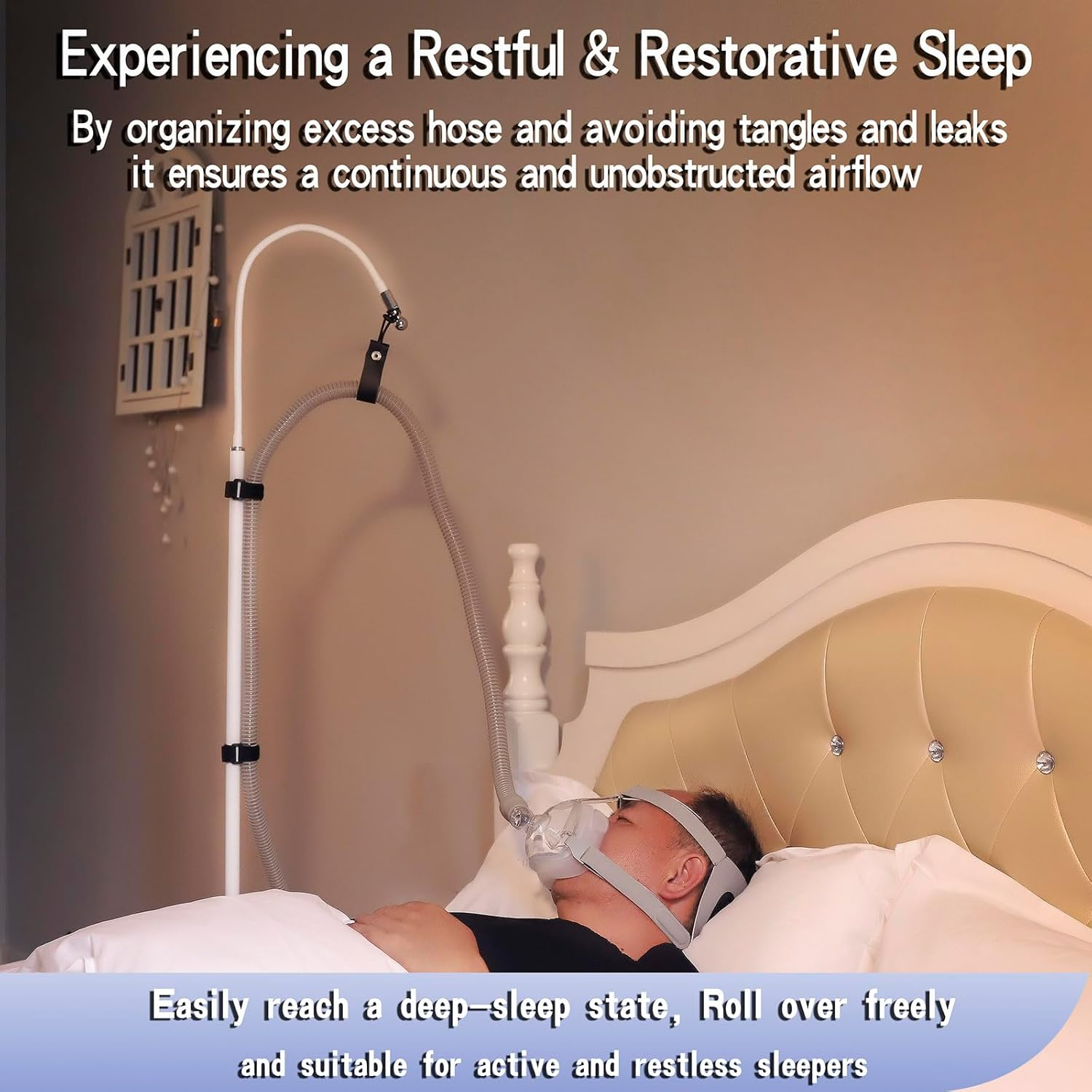 CPAP Hose Holder for Bed with Adjustable Height and Angle,Avoid Hose Entanglement，Cpap Hose Hanger Material Is Anti-Rust Alloy,White