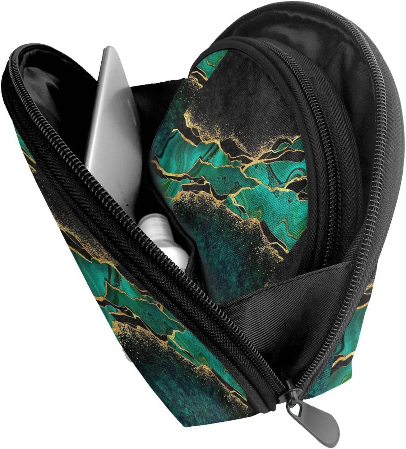 Cozimangoe Coin Pouch Makeup Bags Set, 2 Piece Shell Shape Cosmetic Bag with Pockets for Daily Travel Handbag Lipstick Keys Toiletry, Personalized Black Teal Marble & Malachite with Veins Gold Spots image number 2