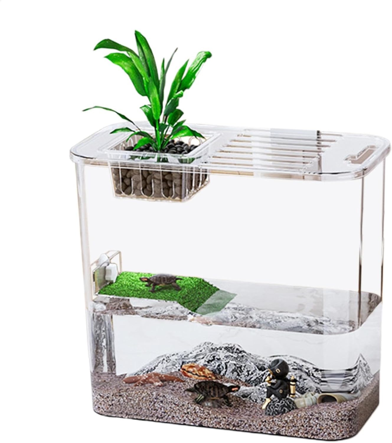 Turtle Aquarium, Creative Turtle Fish Terrarium, 12.2X11.02X6.1 Inches Clear Water Land Habitat Tank, Multi- Reptile Tank with Basking, Raising Cave for Aquatic Pets image number 4