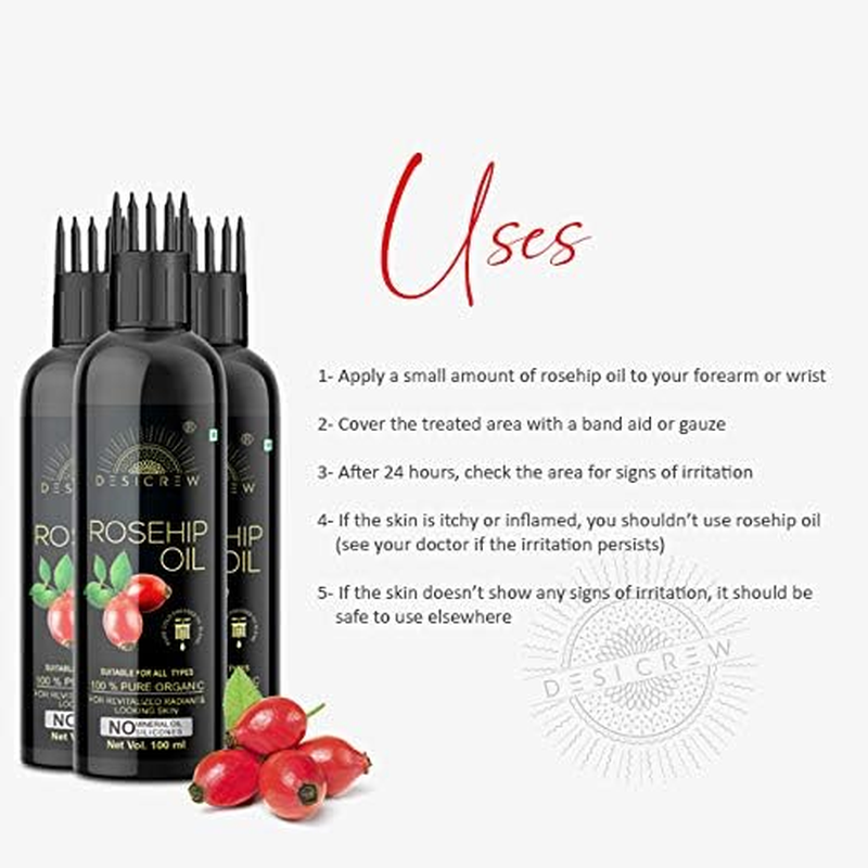Desicrew Rosehip Oil - with COMB APPLICATOR - Cold Pressed - for Face, Nails, Hair and Skin 100Ml Pack of 3 Bottle 300Ml Hair Oil (300 Ml)