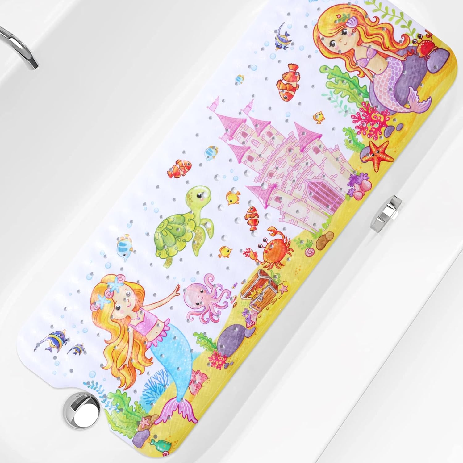 Baby Bath Mat Non Slip 40X16In Cute Cartoon Bath Mat with Suction Cup Drain Holes Machine Washable Shower Mat for Tub Bathroom Children (1, Style 3)