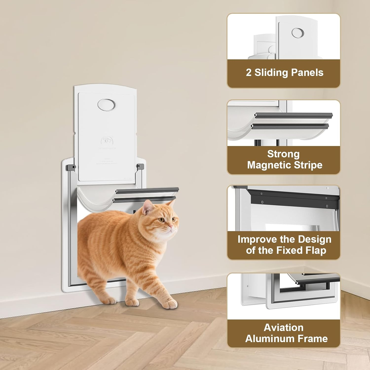 MAVRICPOWER Cat Door for Wall, Energy Efficient Cat Door with Steel Frame and Telescoping Tunnel, Double Magnetic Soft Flaps and Two Sliding Lock Panels, Easy to Install, Snow White, Small image number 4