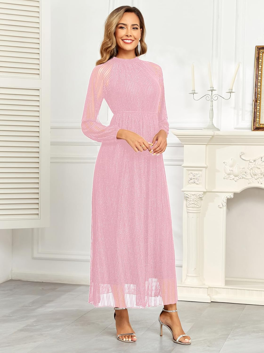 Maternity Sparkly Dress Halter Neck a Line Long-Sleeve Raglan Pregnancy Dresses Semi Formal Baby Shower Photoshoot image number 3