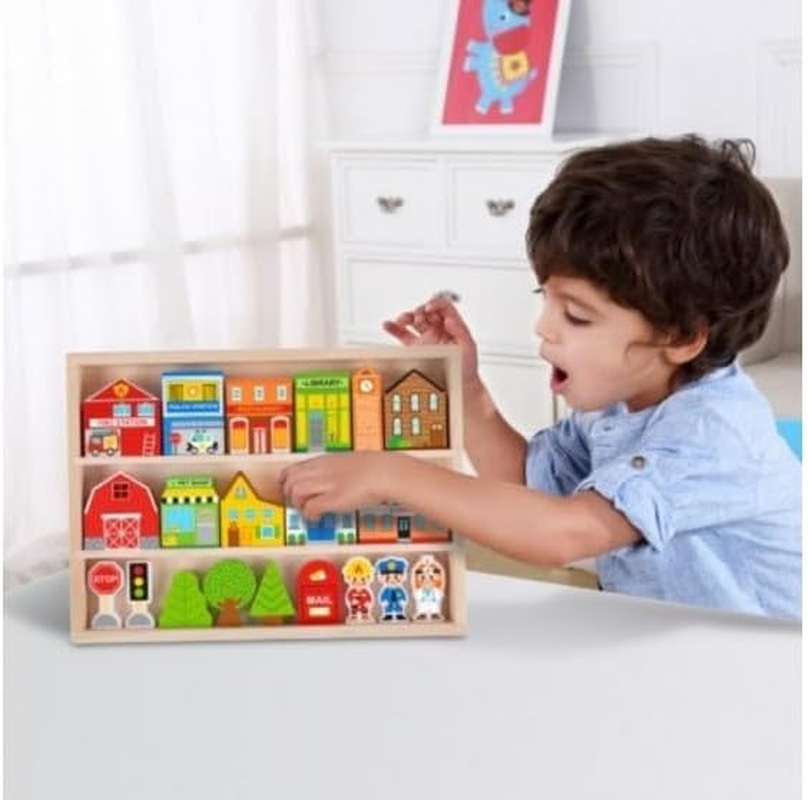 Tooky Toy Town Play Set in Wooden Case: Wooden Town Building and Figurines Pretend Play City Set image number 2