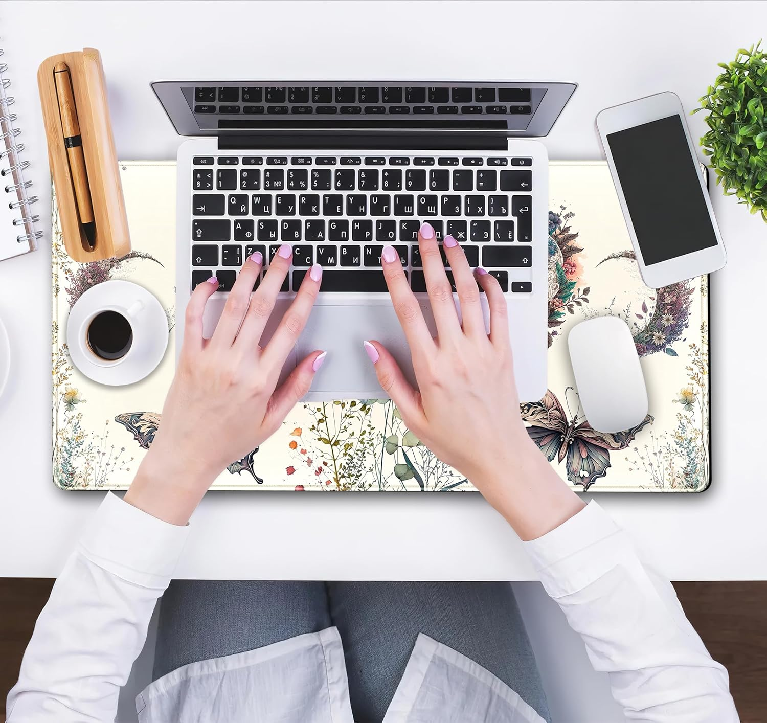 DCJJM Beige Flowers Desk Mat Mousepad Cute Boho Plants Large Extended Gaming Mouse Pad XXL, Aesthetics Floar Butterfly Moon Laptop Keyboard and for Office Gamer Decor, 31.5X15.75X0.12 in (DMXC08) - Beige Flowers image number 5