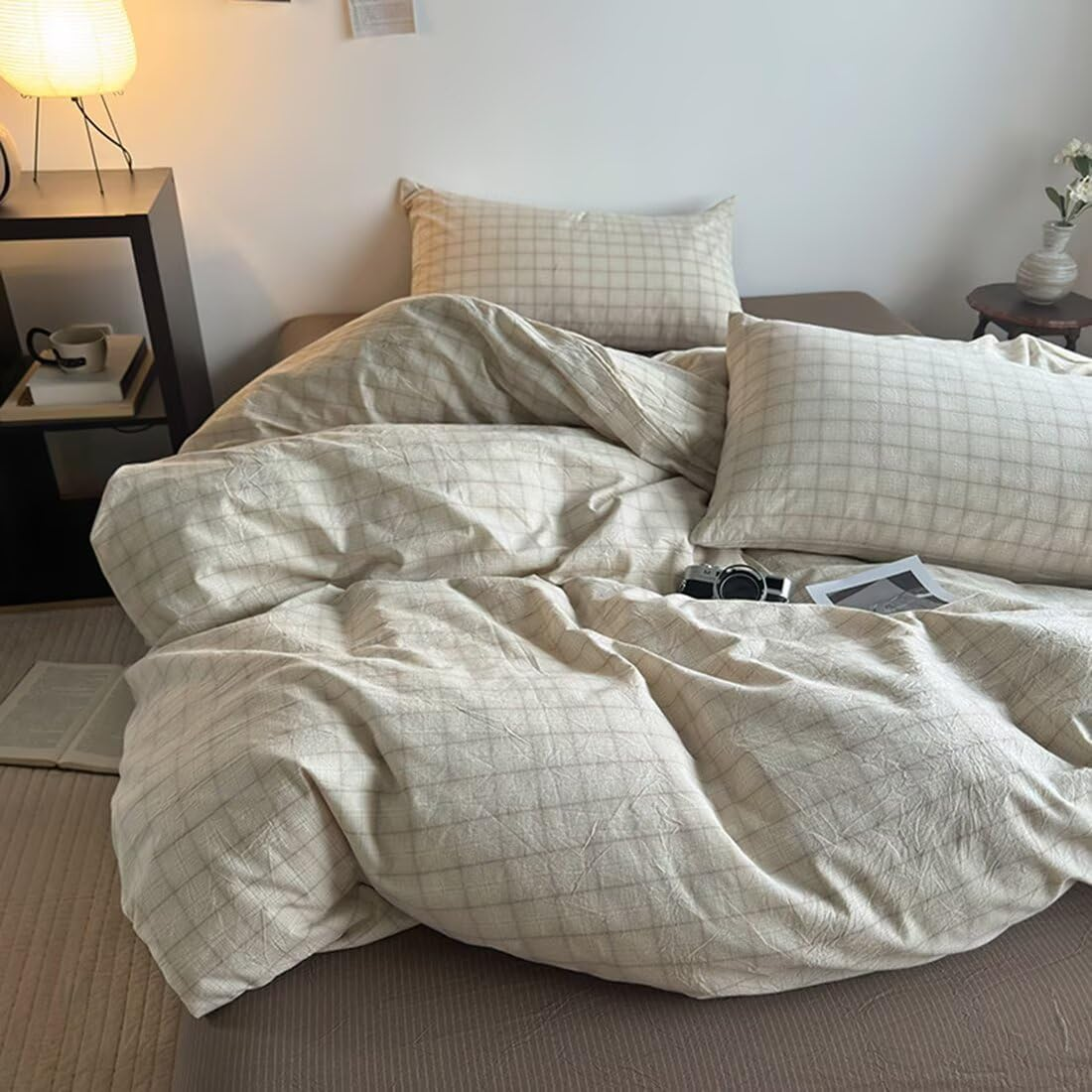 Pinkmemory Olive Green Striped Duvet Cover Queen 100% Washed Cotton Dark Green Stripe Duvet Cover Set Full 3Pcs Pinstripe Pattern Bedding Set with Zipper Closure Corner Ties,Soft Breathable