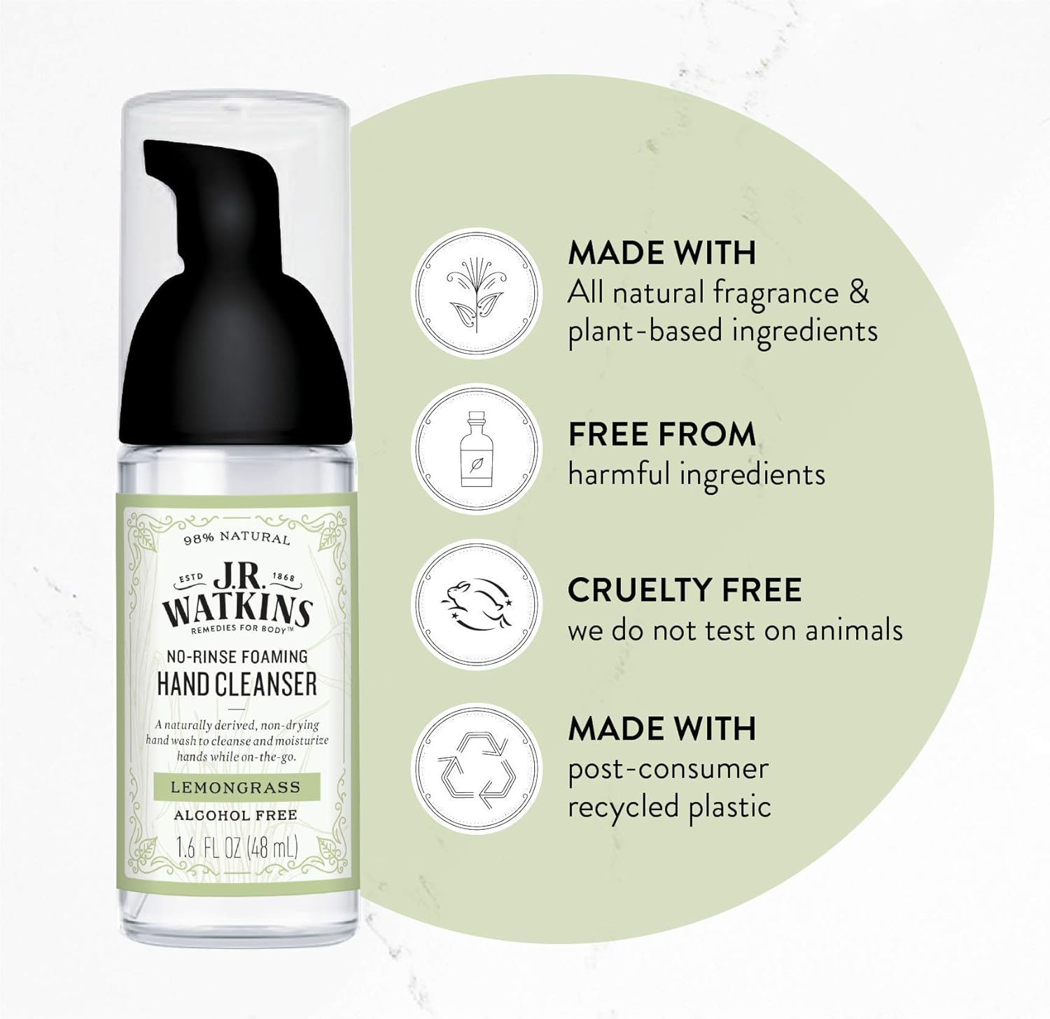 J.R. Watkins No-Rinse Foaming Hand Cleanser &ndash; Hand Soap in Pump Dispenser &ndash; Bathroom & Kitchen Foam Cleaner &ndash; All Natural, Alcohol Free, Lemongrass, 1.6 Fl. Oz., Single image number 2