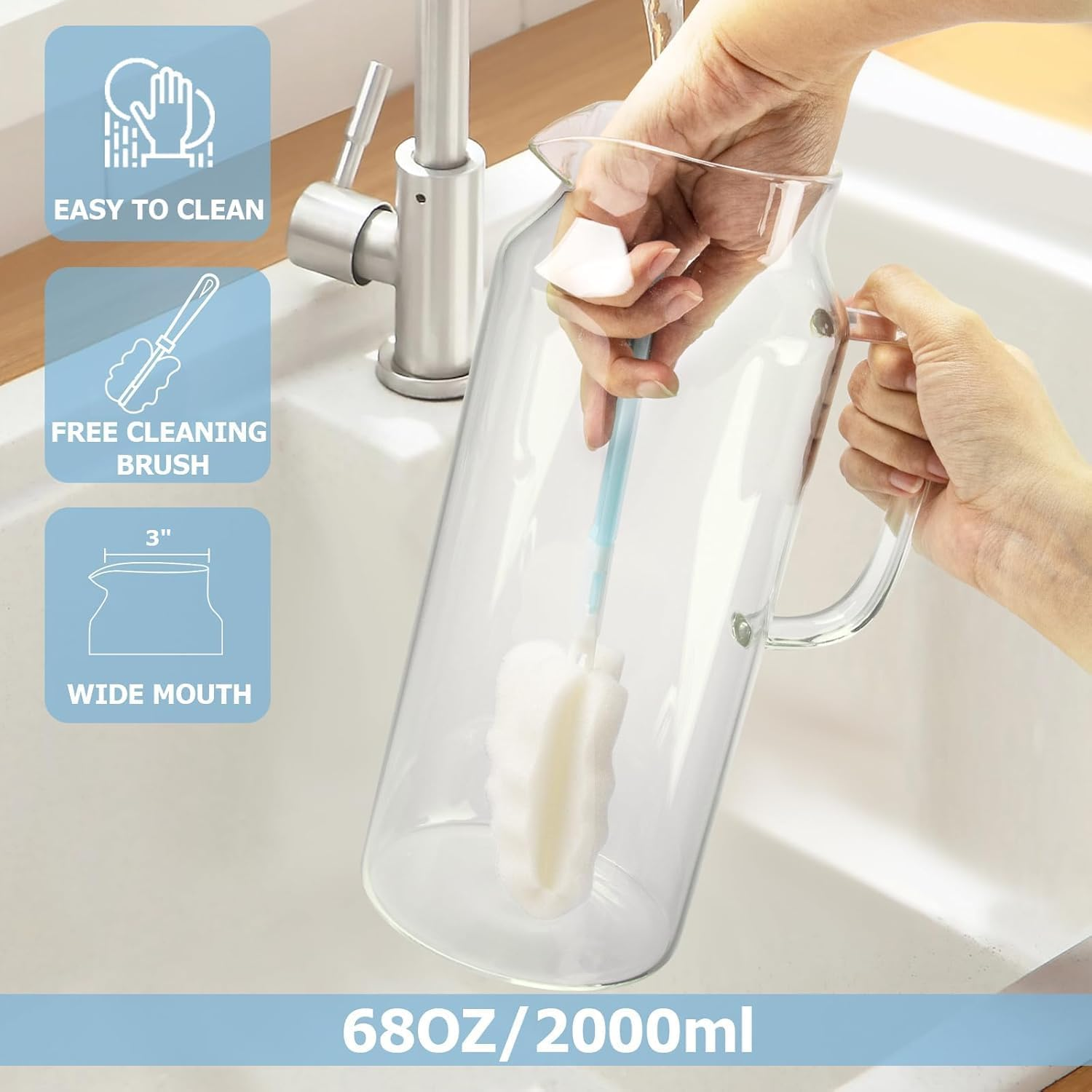 2 Litre 68 Oz G Glass Water Jug with Lid and Handle, Fridge Jug, Iced Tea and Homemade Juice Jug, Heat Resistant Borosilicate Glass Pitcher for Hot/Cold Water. image number 2