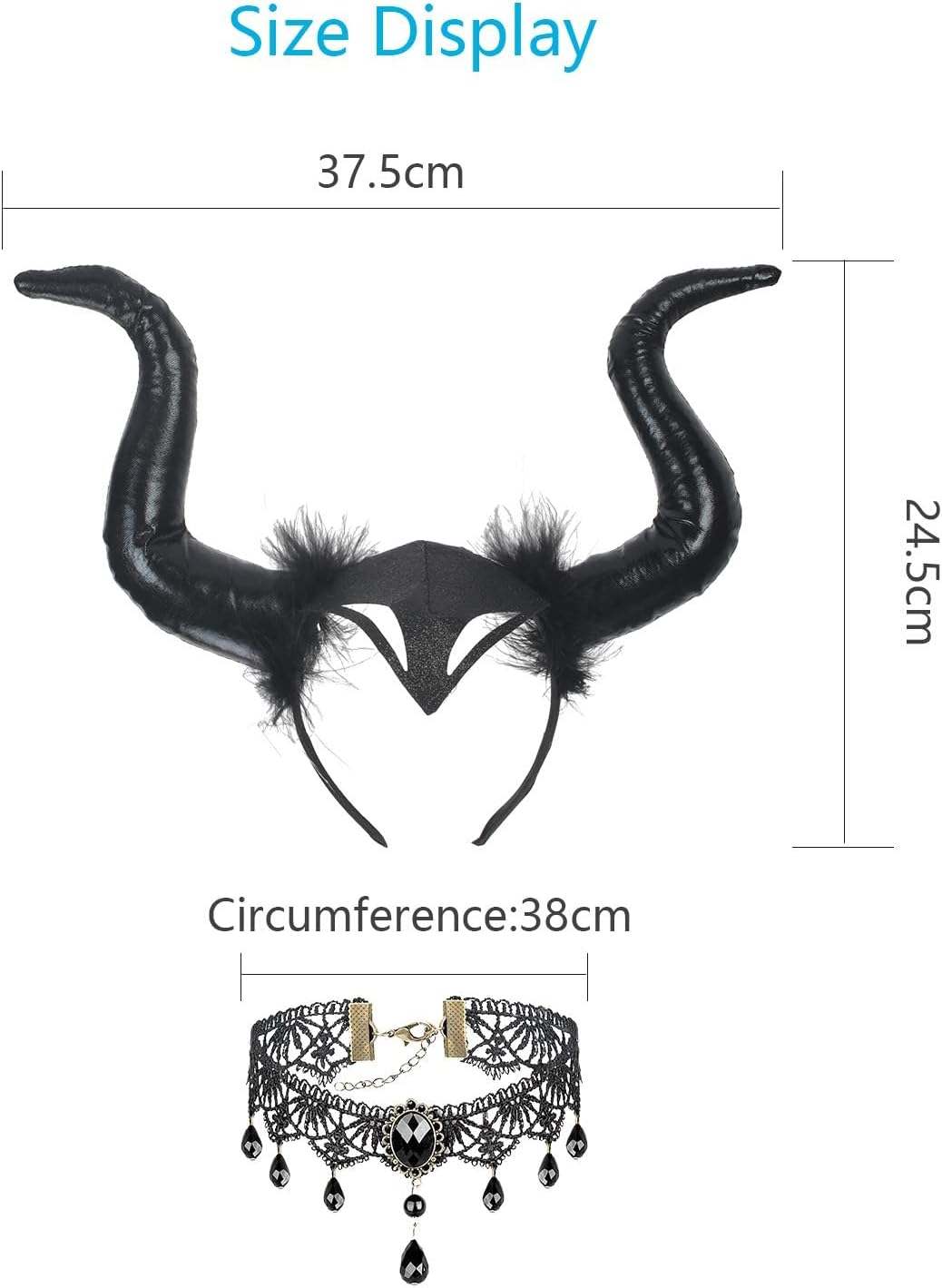 LAMEK 2 X Queen Horns Headpiece Women'S Halloween Headband with Gothic Retro Lace Necklace Devil Horns Costume Evil Headband Black Hairband for Carnival Masquerade Cosplay - B-Black Horns image number 4