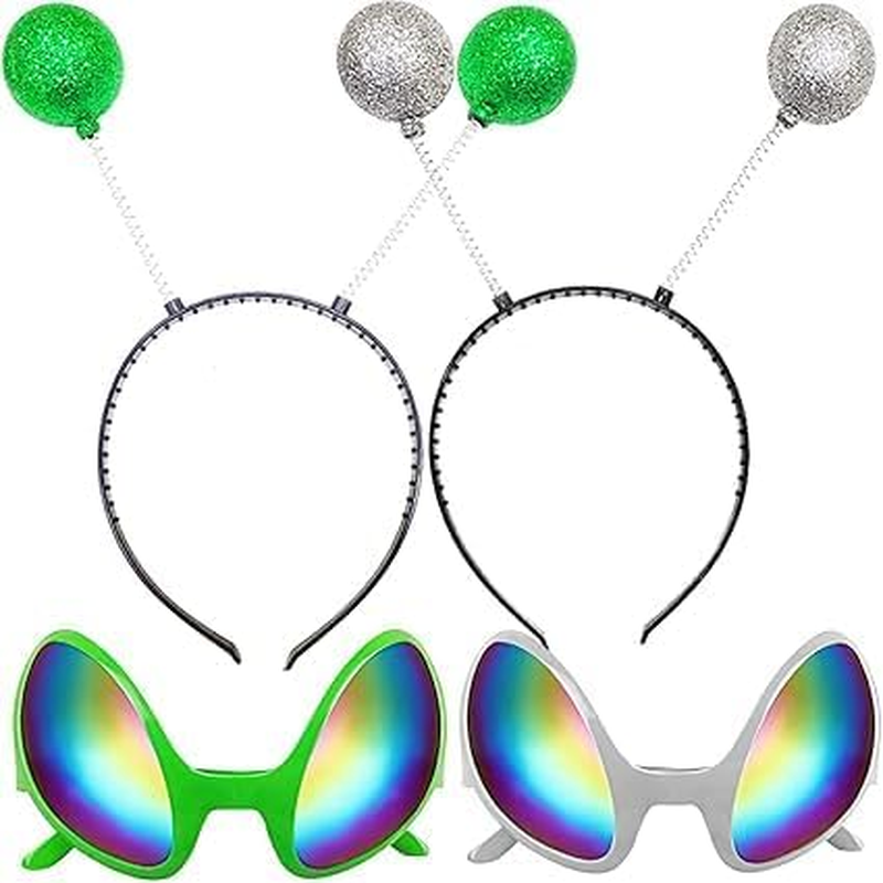 2 Pairs Alien Headband and Glasses,Alien Rainbow Lens Sunglasses,Headband Boppers Antenna for Adults and Kids(Green+Silver) image number 3