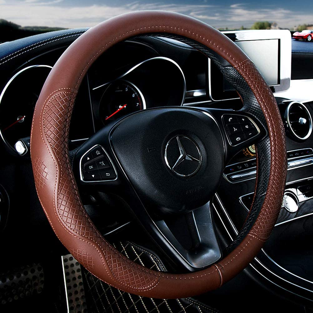 Brown Wheel Cover Cowhide Steering Wheel Cover Brown Leather Car Steering Wheel Cover Universal Size M/15Inch Fit Car/Auto/Suv (A-Brown-M)