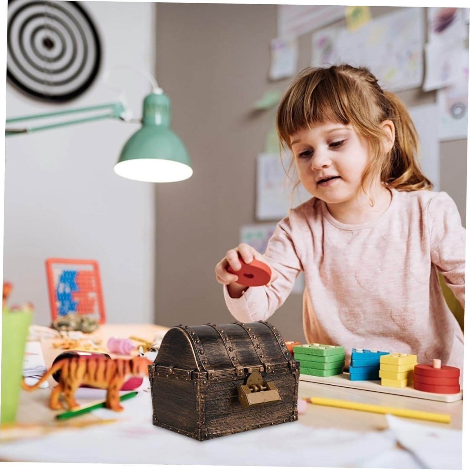 Mini Pirate Treasure Chest Decorative Small Vintage Treasure Box Lock and Key Bronze Color Trinket Storage Box for Boys and Girls Toy Organization image number 4