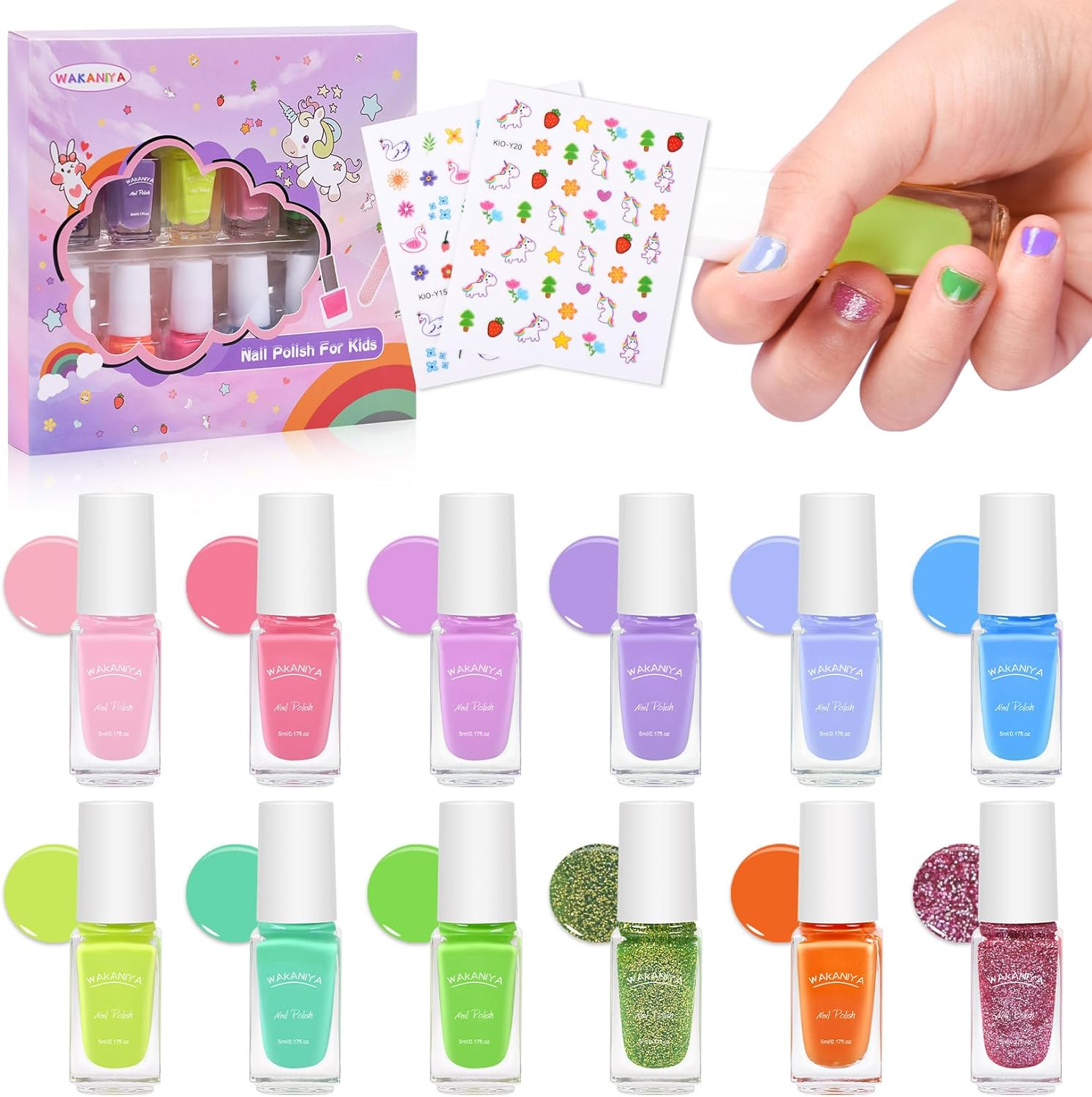 Wakaniya Kids Nail Polish Set - 12 Colors Mermaid Candy Girls Kit for Toddler, Non-Toxic Water-Based Peel-Off Quick Dry, Low Odor Safe Nail Art Set for Girls 3+