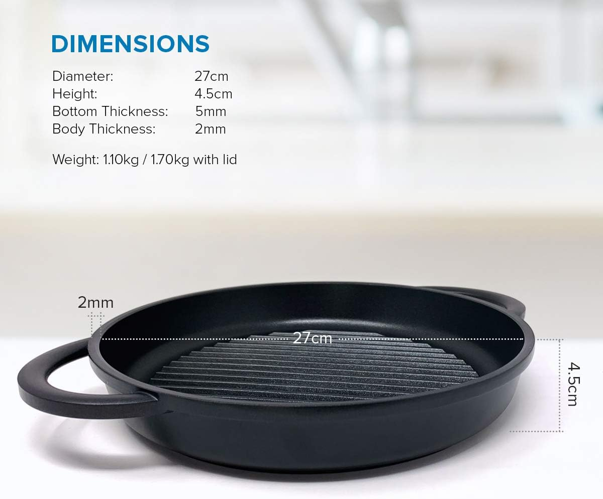 Joeji'S Kitchen round Cast Aluminium Griddle Pan | 27Cm Non Stick Griddle Pan for Cooking | Black Large Frying Pan with Lid image number 1