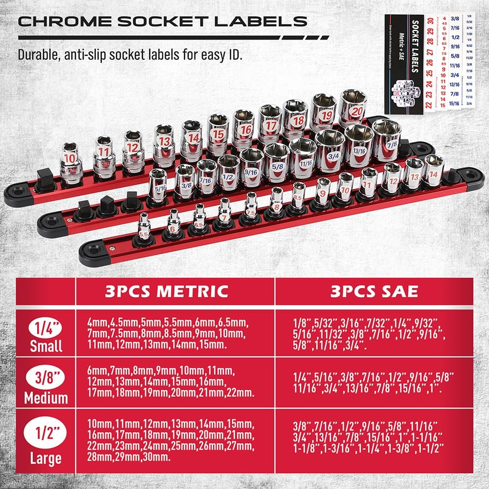 SEDY 3-Piece Magnetic Socket Organizer Tray Set, Aluminium Tool Rail Holder with 1/4", 3/8", 1/2" Drive Clips, Socket Rack for Toolbox Wall Mount Storage image number 3
