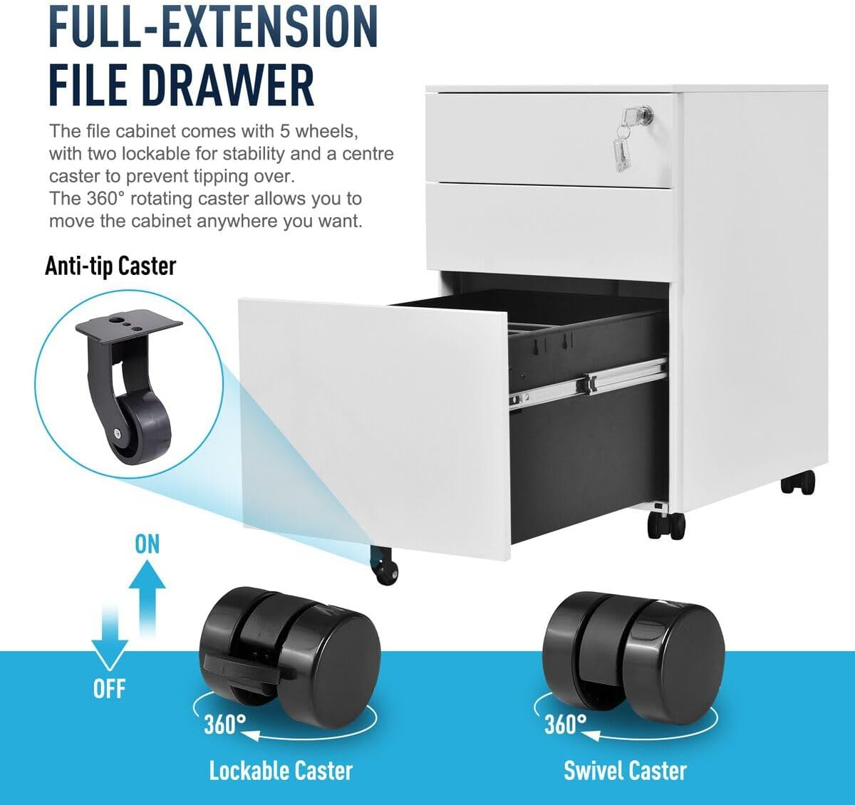 Steel File Cabinet 3 Drawers Metal Office under Desk Document Storage Furniture White Vertical Locking Mobile Filing Organiser Unit on 5 Wheels image number 4
