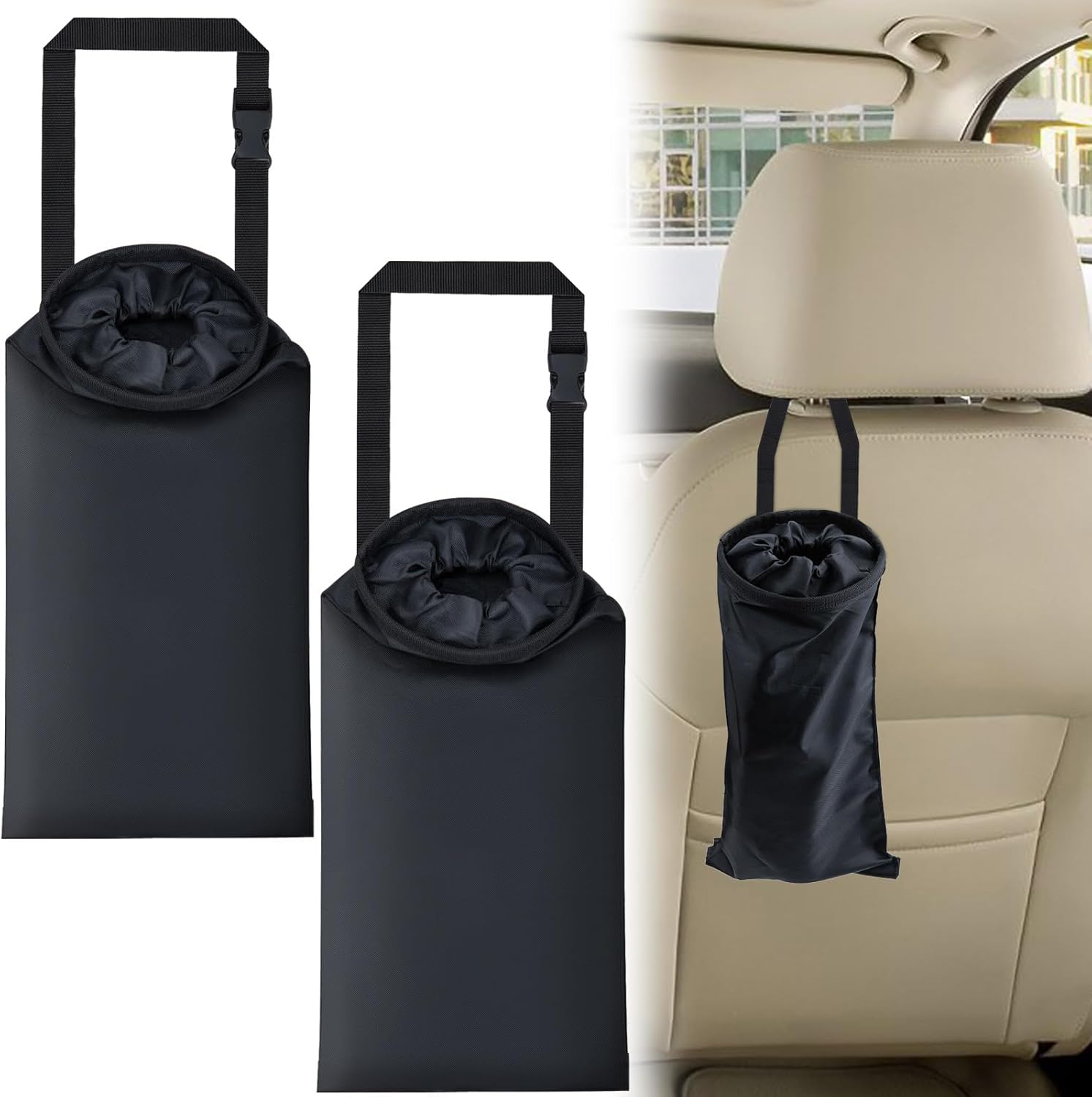 2 PCS Car Trash Bags, Washable Car Garbage Bag Hanging, Detachable Trash Can with Top Elastic Vent & Sticky Strap Bottom Opening, Seat Back Tash Bag for Cars,Travelling,Outdoor image number 5