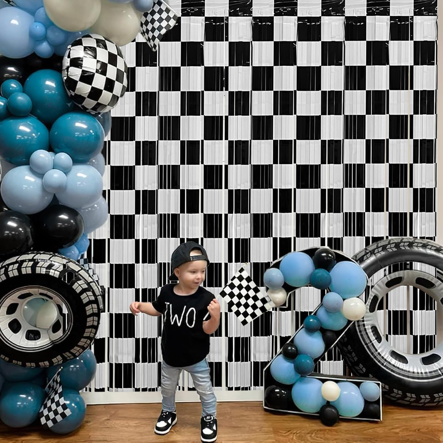 Race Car Foil Fringe Curtains Backdrop Birthday Party Decorations, 2 Pack 3.28 X 6.56 Ft Black White Foil Fringe Curtain Photo Booth Props Cars Lightning Fast Wheels One Happy Dude Party Decorations image number 4