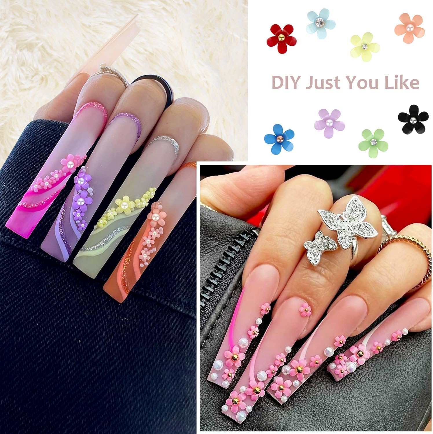 3D Flower Nail Charms, 3 Boxes 3D Acrylic Flower Nail Art Rhinestones with Gold Silver Pearl Beads Tweezers Included Spring Blossom Petal for DIY Nail Decorations image number 6