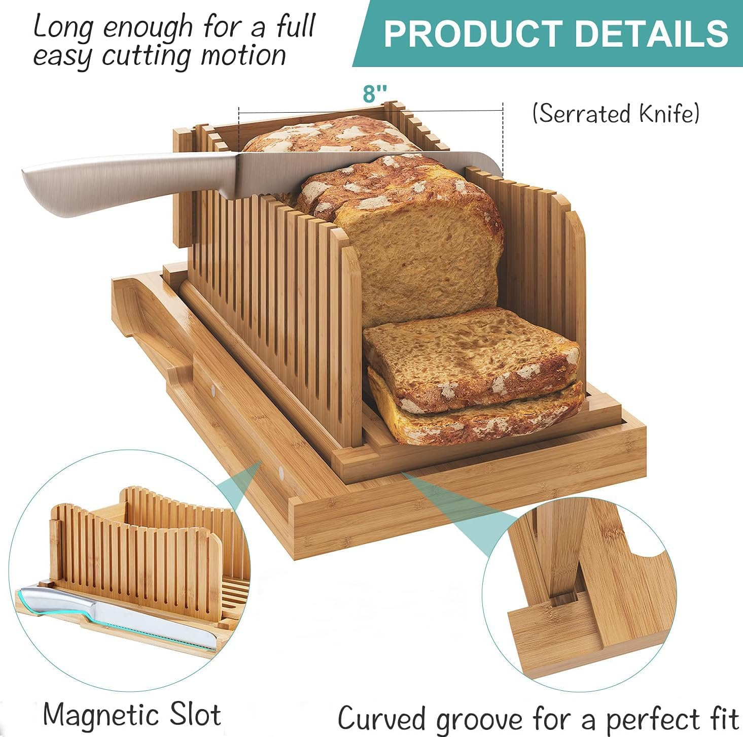 Dxzephious Bread Slicer for Homemade Bread,Cakes, Bagels- Bamboo Bread Slicer with Serrated Knife, Adjustable Guide for 3 Thickness Sizes, Foldable Chopping Board with Crumb Tray& Knife image number 3