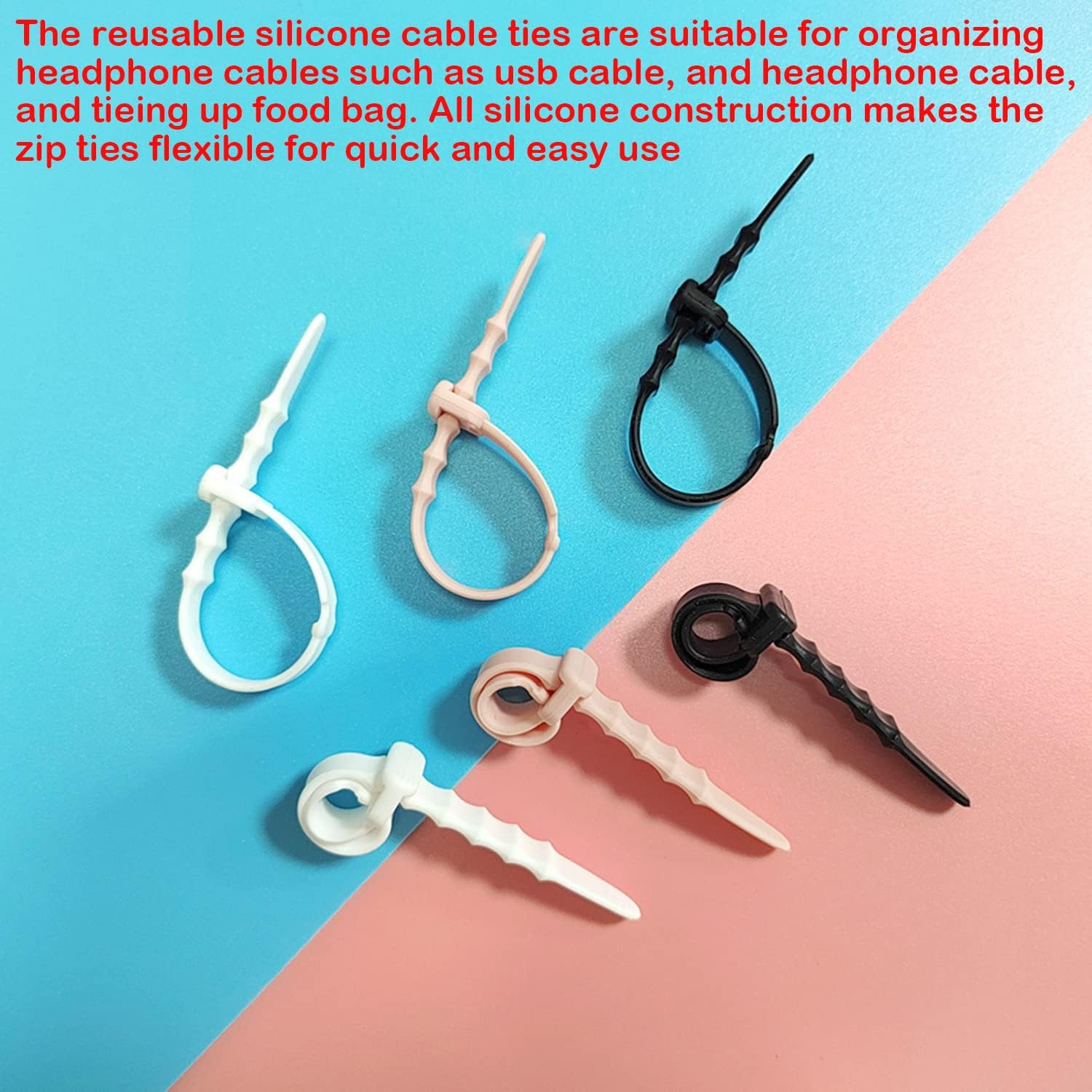 Taicols Zip Ties, 20 Pcs Reusable Silicone Cable Ties, Adjustable Strap Wire Management, Cable Organiser Straps, Cable Straps for Wire, Elastic Cable Organizer for Home Office Table Desk(5 Colors) image number 3