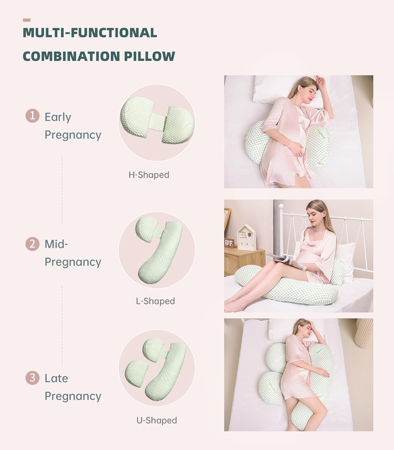 Comfortable Pregnancy Pillow for Expecting Mothers - Soft Body Support for Back, HIPS, and Legs with Detachable & Adjustable Cover (Green) image number 3