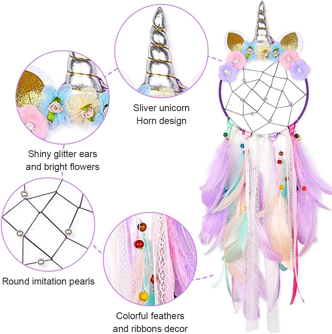 Dream Catchers for Kids Colorful Feather Dream Catcher Handmade Flowers for Girls Kids Bedroom Nursery Wall Decoration Blessing Gift(Purple) image number 3