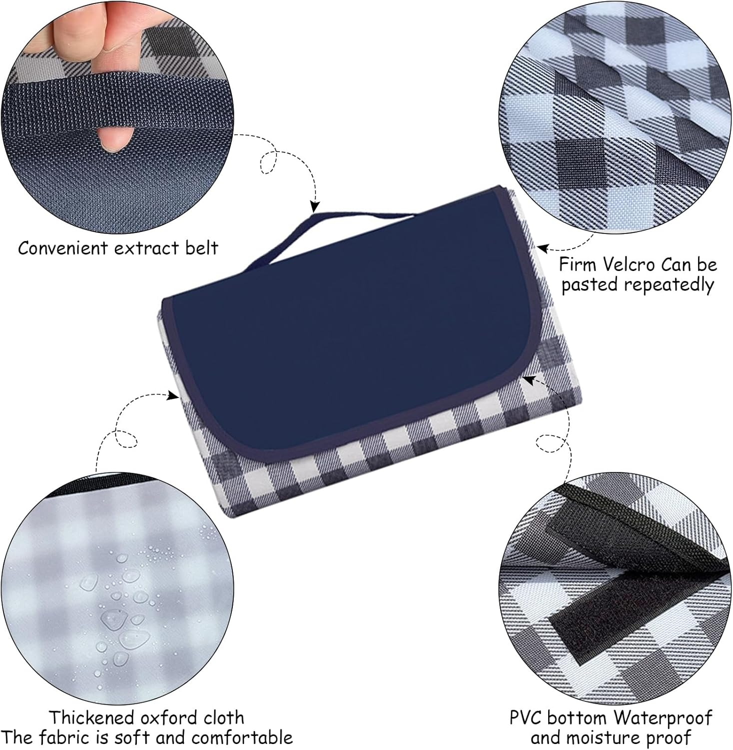 Picnic Blanket, Extra Large 80''X80'' Waterproof Picnic Mat, Outdoor Rug Beach Blanket, Picnic Mat for Beach, Park, Grass, Travel, Hiking, Camping Essentials, Gingham Picnic Rug (Tibetan Blue Grid) image number 5