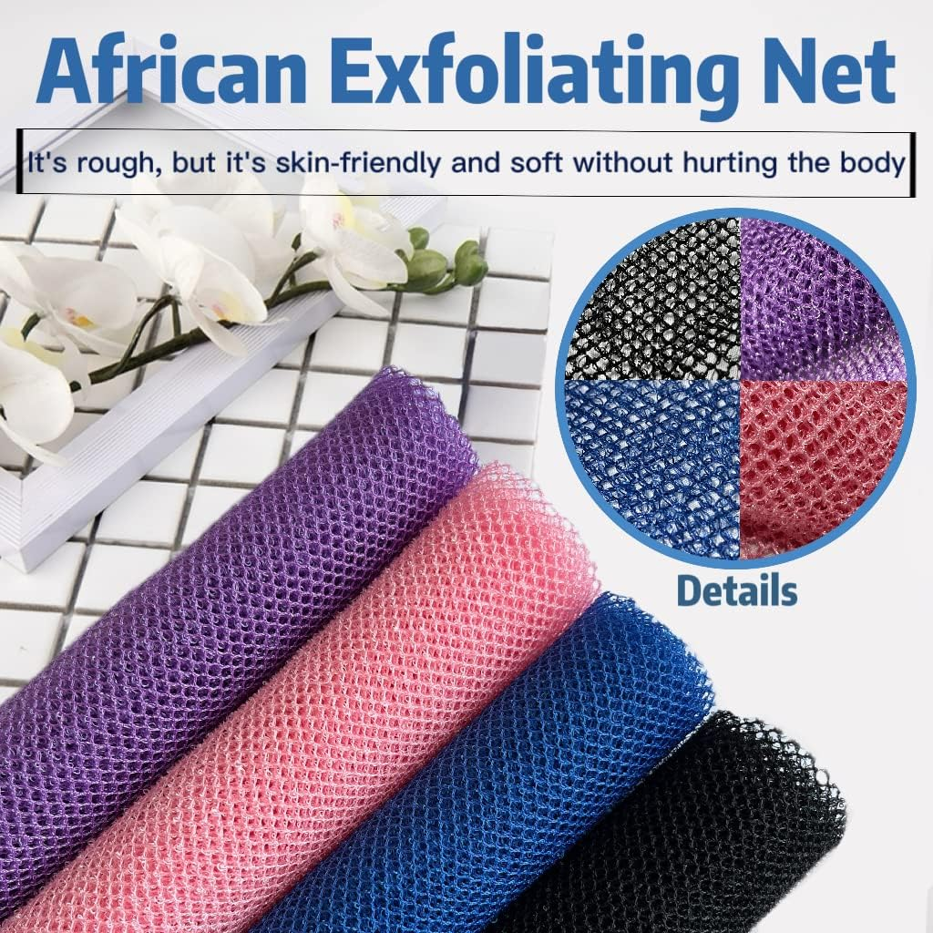African Exfoliating Net Sponge, 4-Piece Nylon Bath Sponge Set
