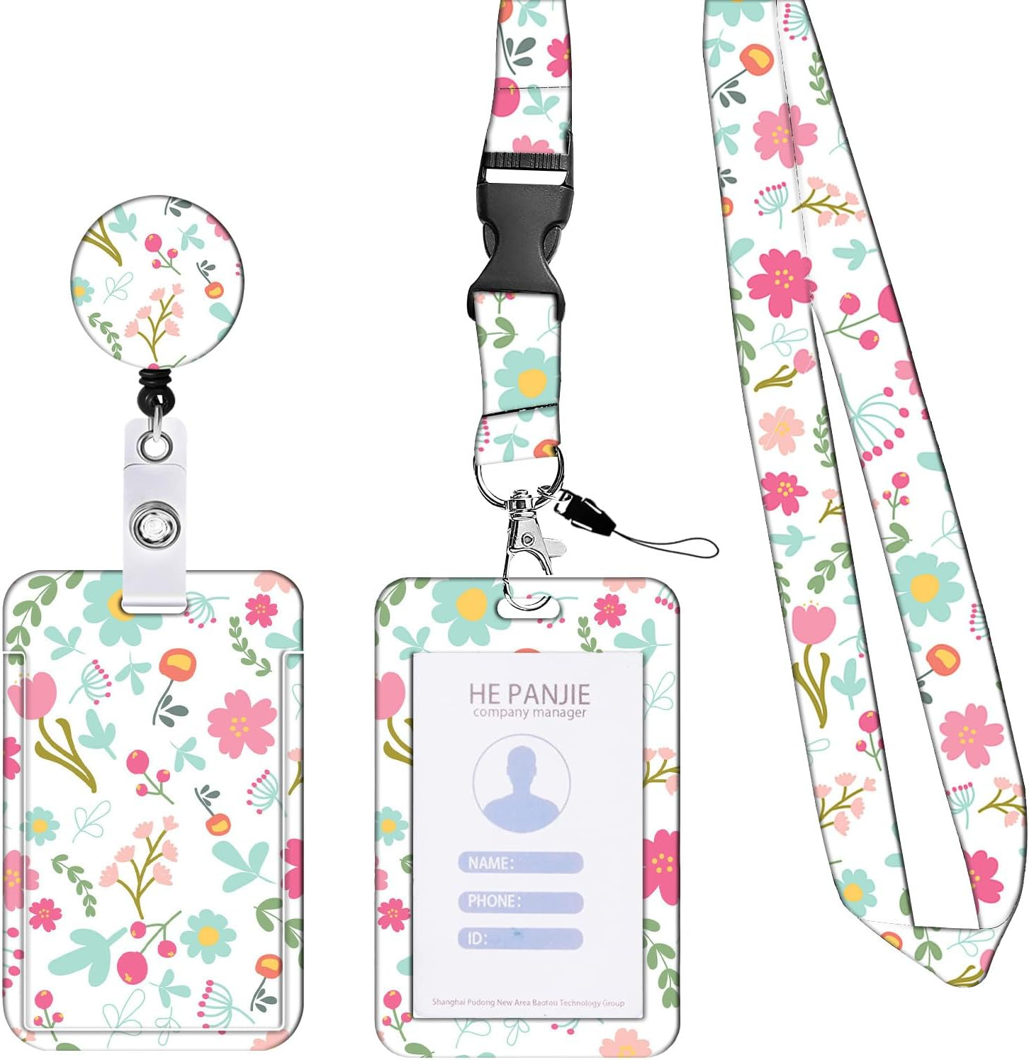 Retractable Lanyard ID Badge Holder with Double-Sided Card Holder, 360&deg; Rotating Clip, Printed Neck Strap for Office, School, Work, Events (Spring Floral)