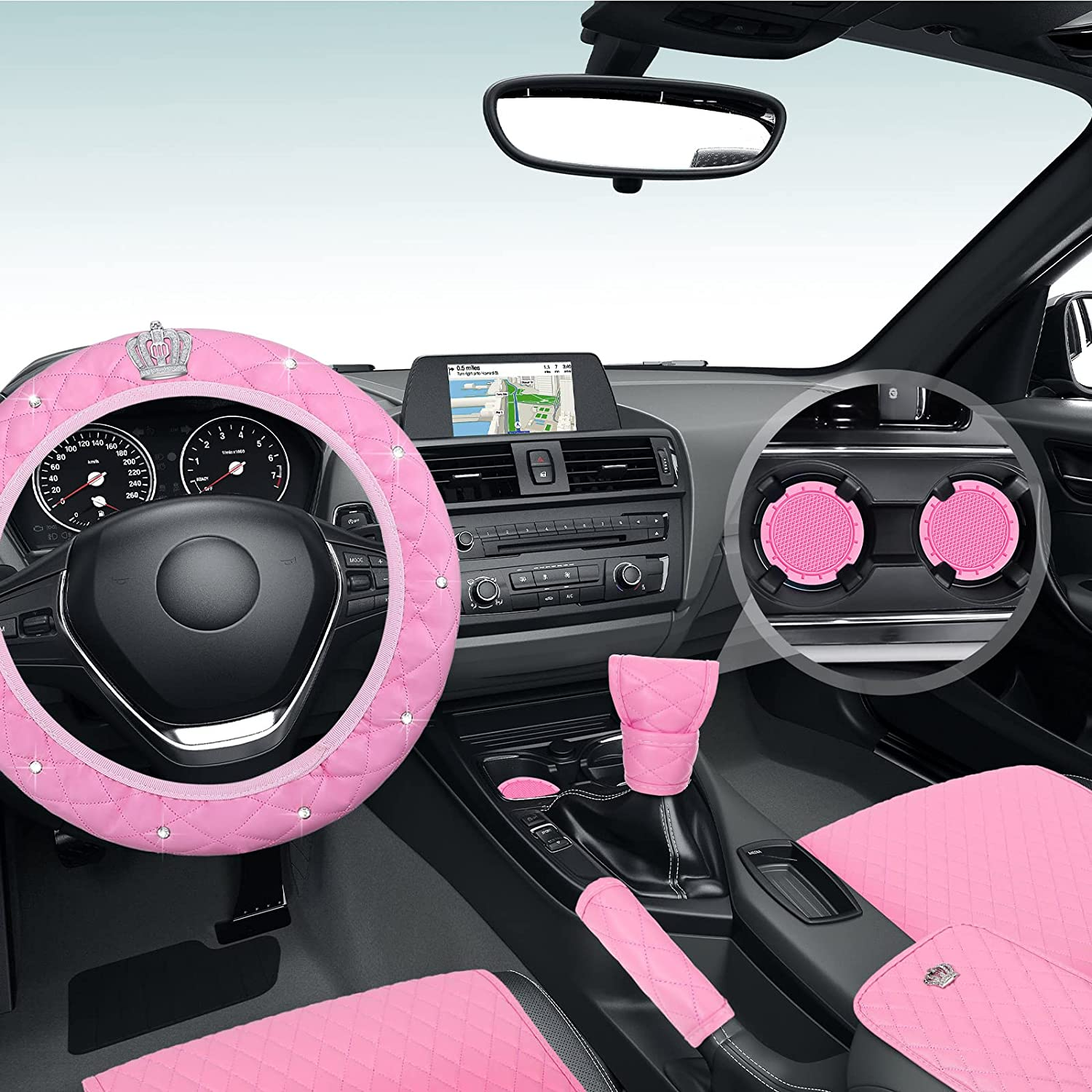 Tallew 14 Pcs Pink Car Accessories Set Leather Diamond Seat Cover Steering Wheel Cover with Center Console Pad Cup Holders Gear Protection for Women Car Interior Decor(Full Set) image number 2