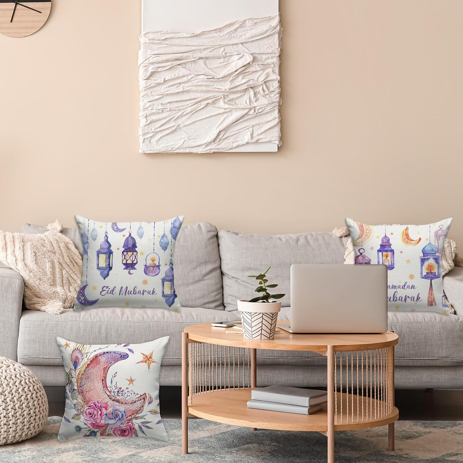 FARMNALL Linen Ramadan Mubarak Pillow Covers 18X18 Set of 4 Mosque Lantern Islamic Mubarak Pillow Case Decorations Bed Couch Sofa Car Chair Pillow