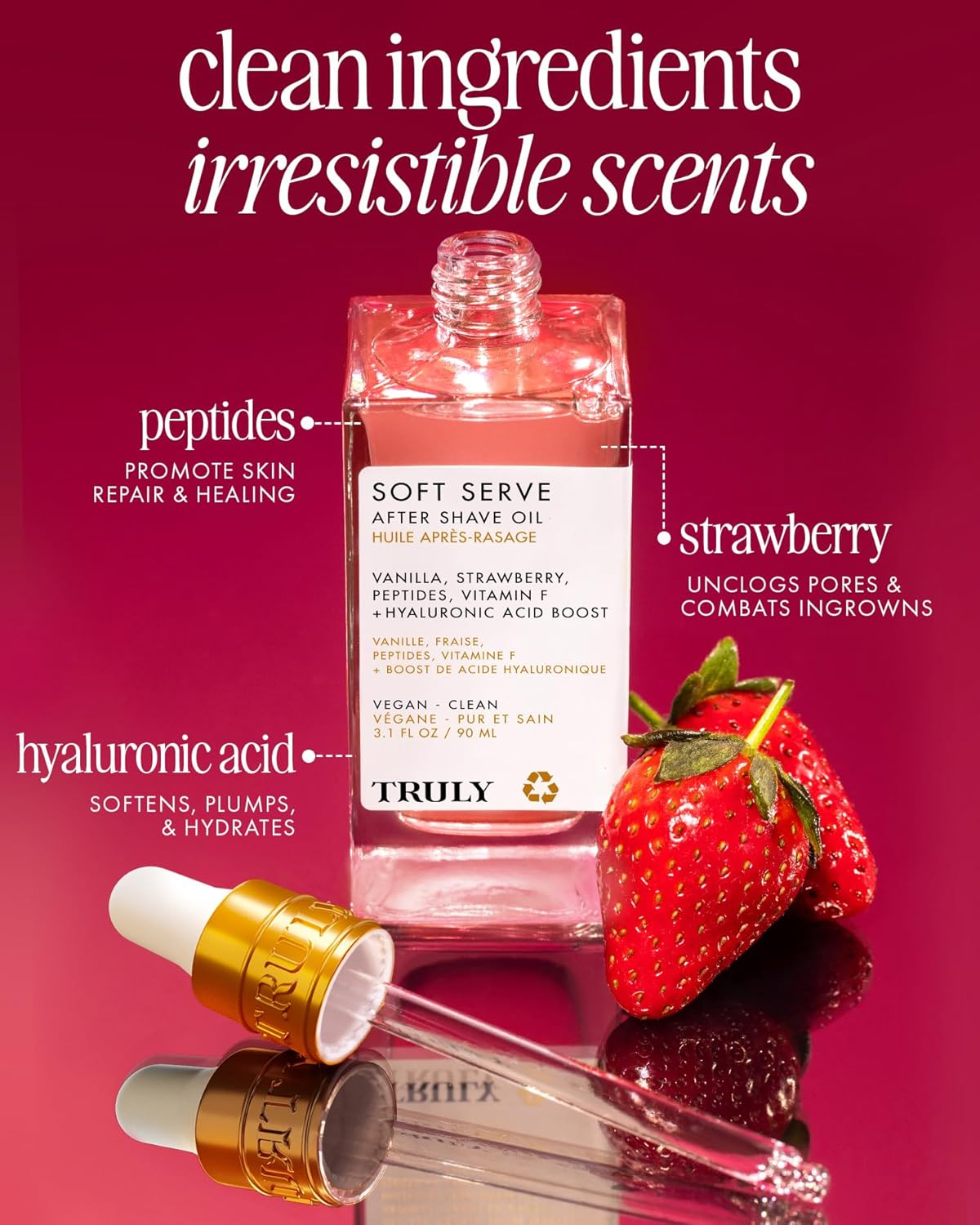 Truly Beauty Soft Serve after Shave Oil | Hydrating Treatment for Ingrowns & Irritation | Peptides, Hyaluronic Acid & Strawberry Extract | Soothes & Smooths Skin | Strawberry Vanilla Scent (3.1 Fl Oz) image number 4