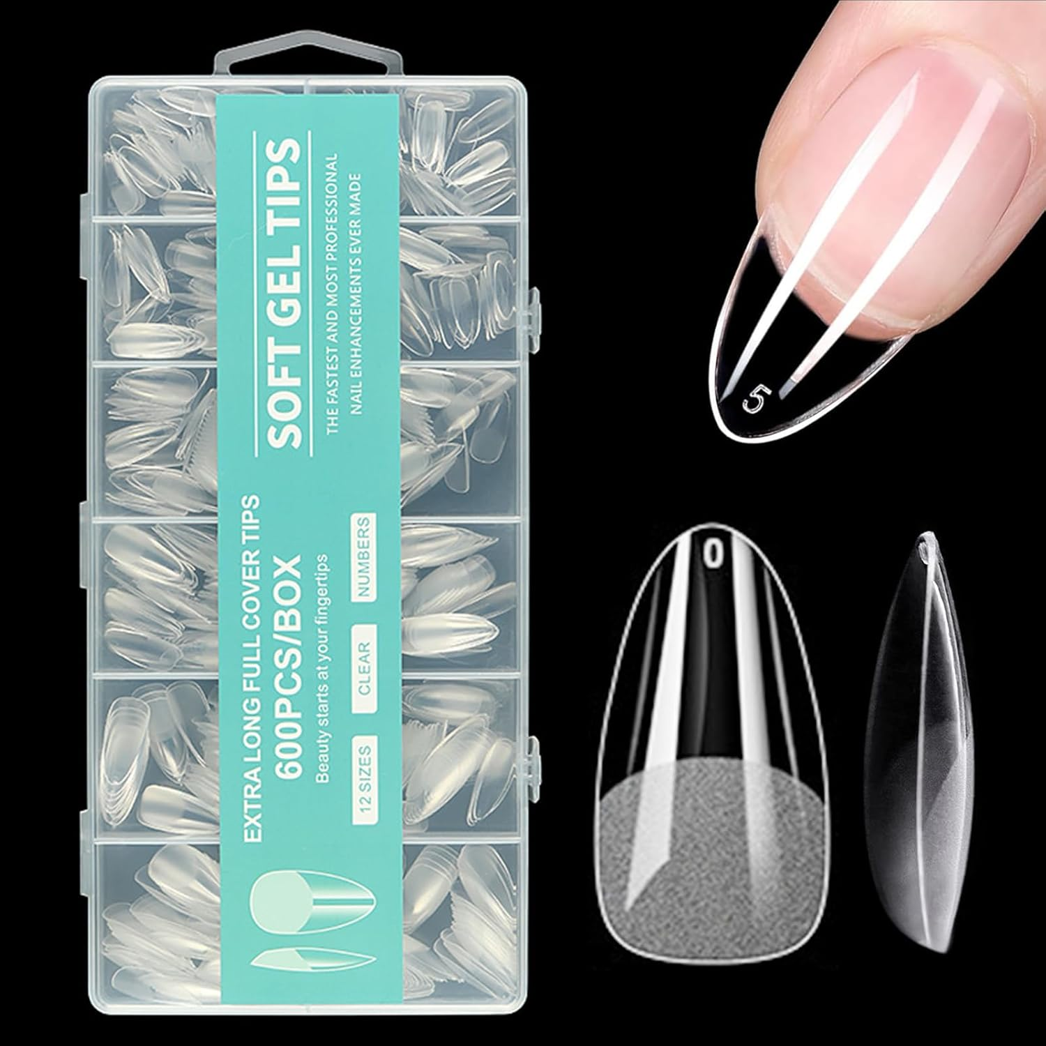 Gaivek 600 Pcs False Nail Tips, Medium Almond Gel Nail Extensions, Full Cover Press-On Nails Kit, Water Drop Shape Artificial Fingernails for DIY Manicure and Salon Use, 12 Sizes image number 2