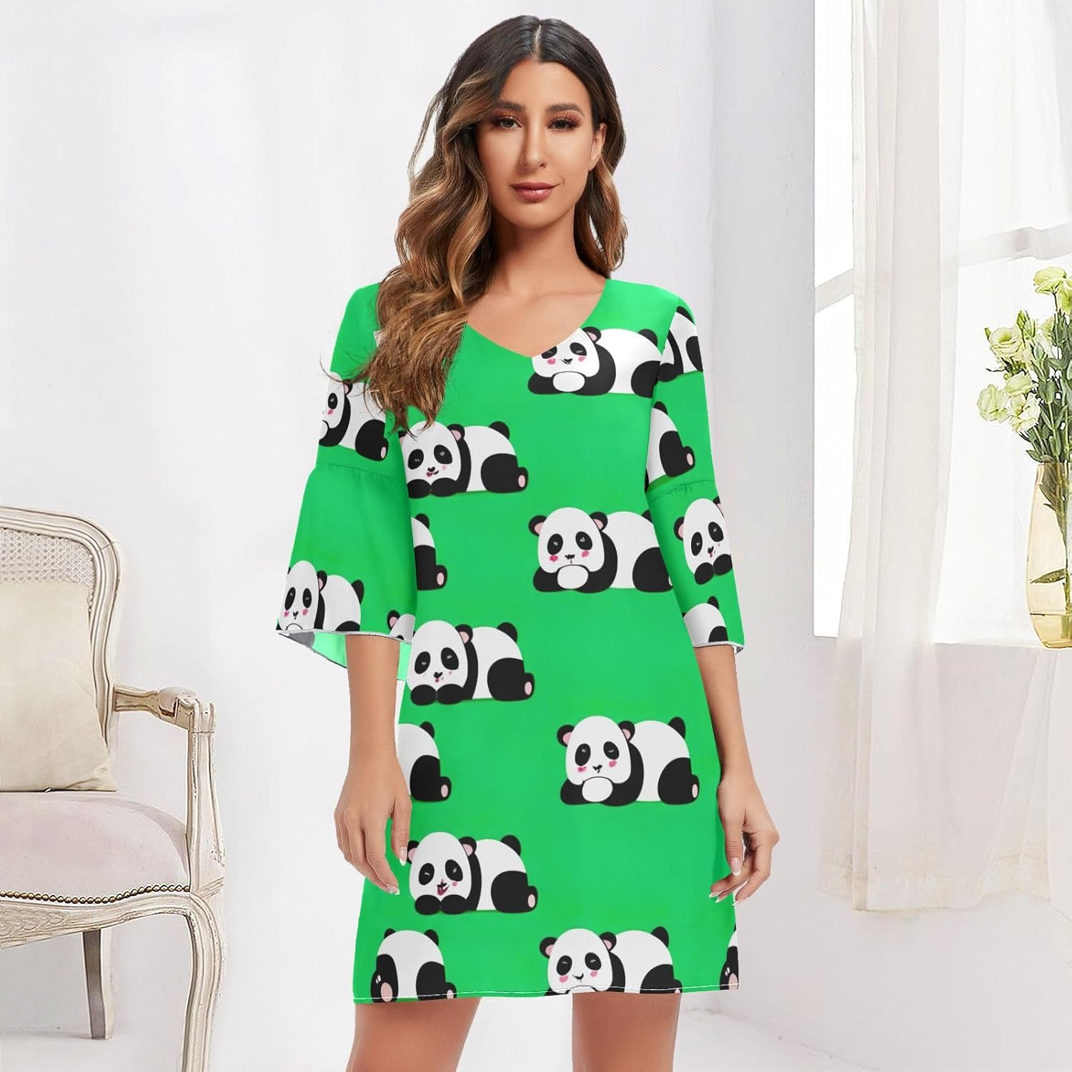 Cartoon Pandas Poses Green Casual V Neck Dress Printed Line Maternity Dress S-XXL image number 5