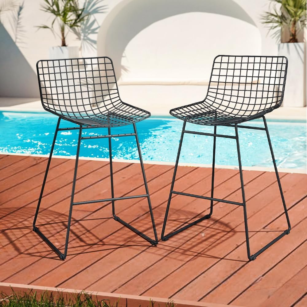 Furb Outdoor Bar Stools Set of 2, Metal Patio Bar Chairs, Outdoor Bistro Stools, Gardern Bar Stool with Backrest & Footrest (Black)
