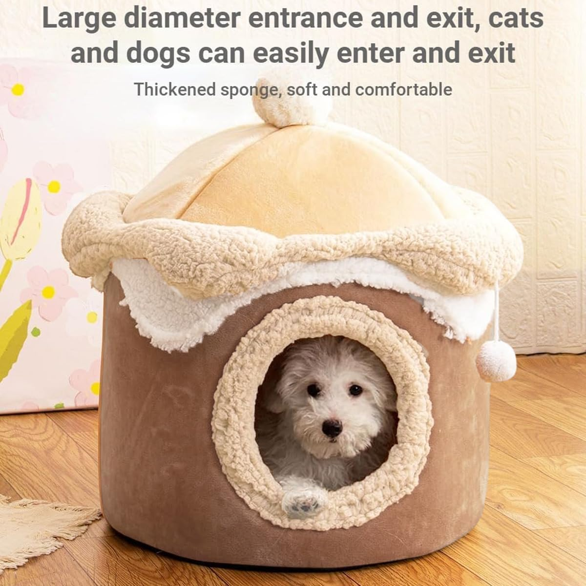 AIMALL Ice Cream Shape Cat Bed Winter Warm Plush Kennel for Cats and Small Dogs, Cute Indoor Felt Pet House with Pom Toy, 15.74In or 18.89In &ndash; Brown