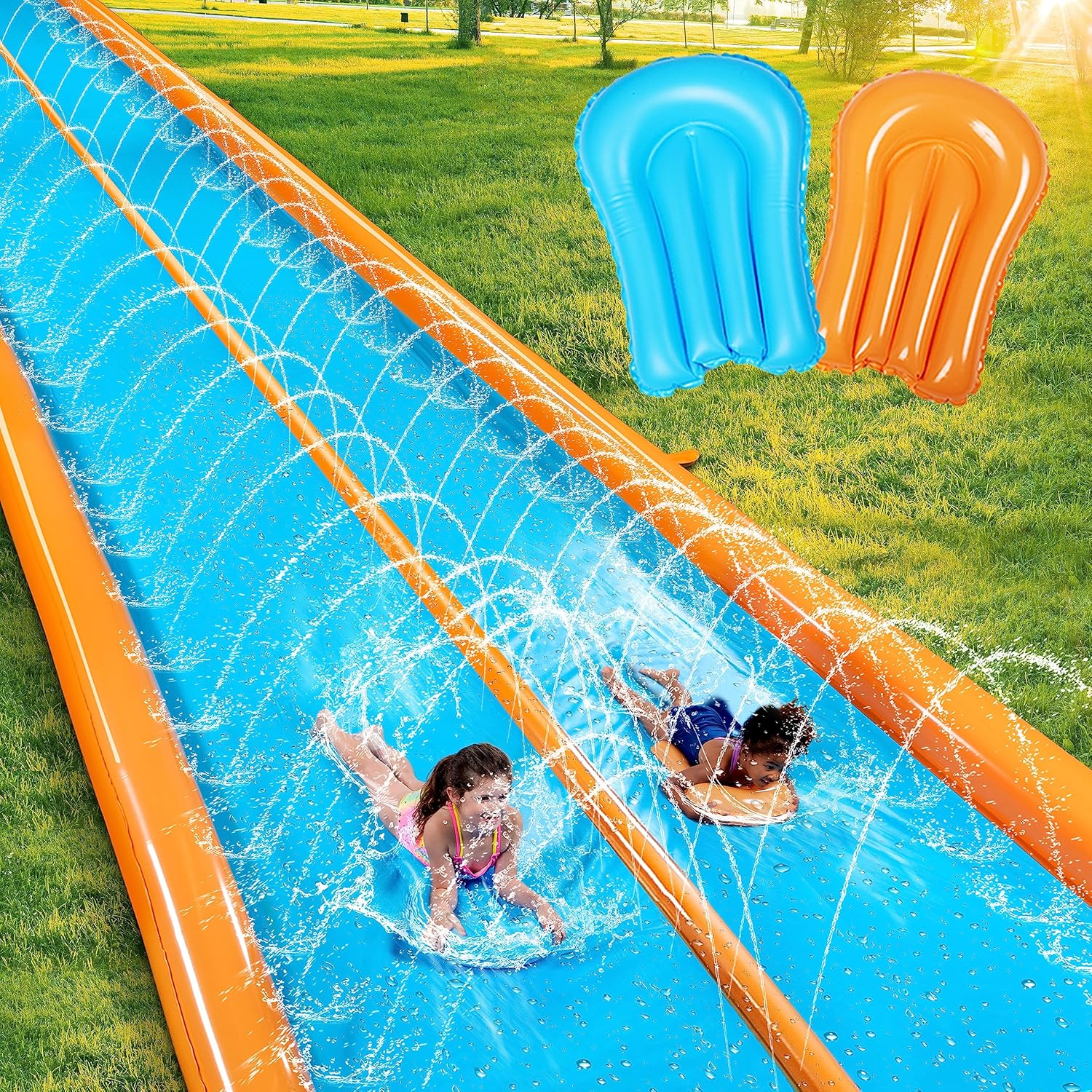 Sloosh Double Lane Water Slide,25Ft X 6Ft Heavy Duty Lawn Water Slip with Sprinkler and 2 Inflatable Boards for Adult Kids Party Summer Yard Outdoor Play Activities image number 5